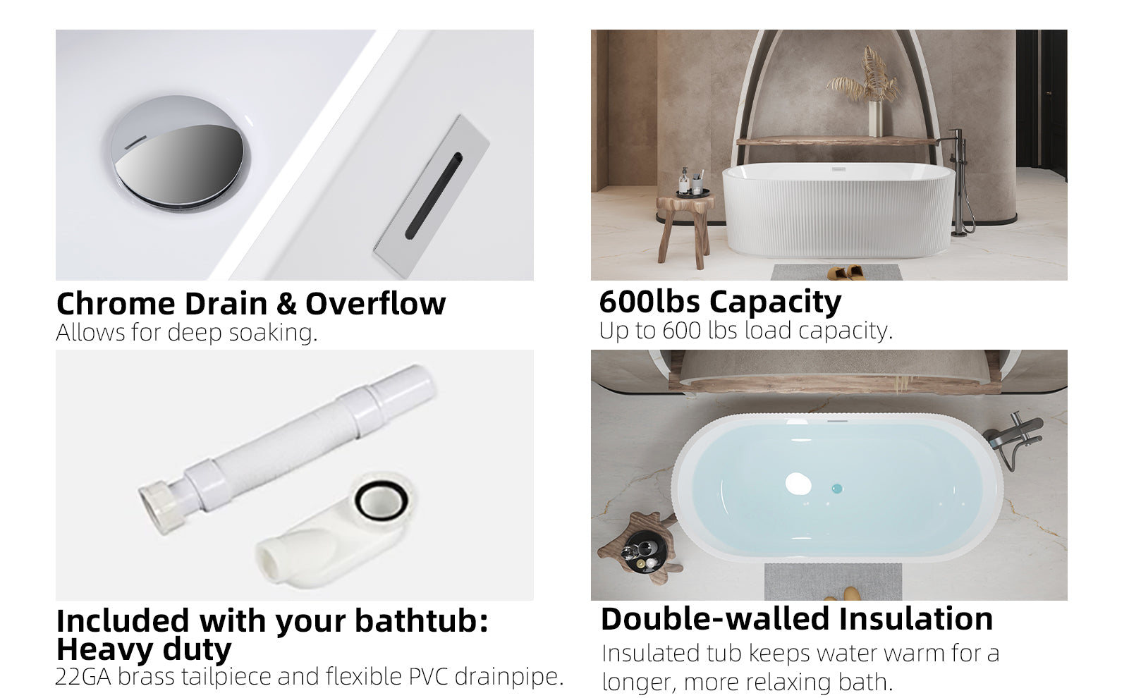 59"Linear AcrylicFreestanding Bathtub Stand Alone Soaker Tub, Glossy White Acrylic, POP-UP Chrome Drain, cUPC Certified