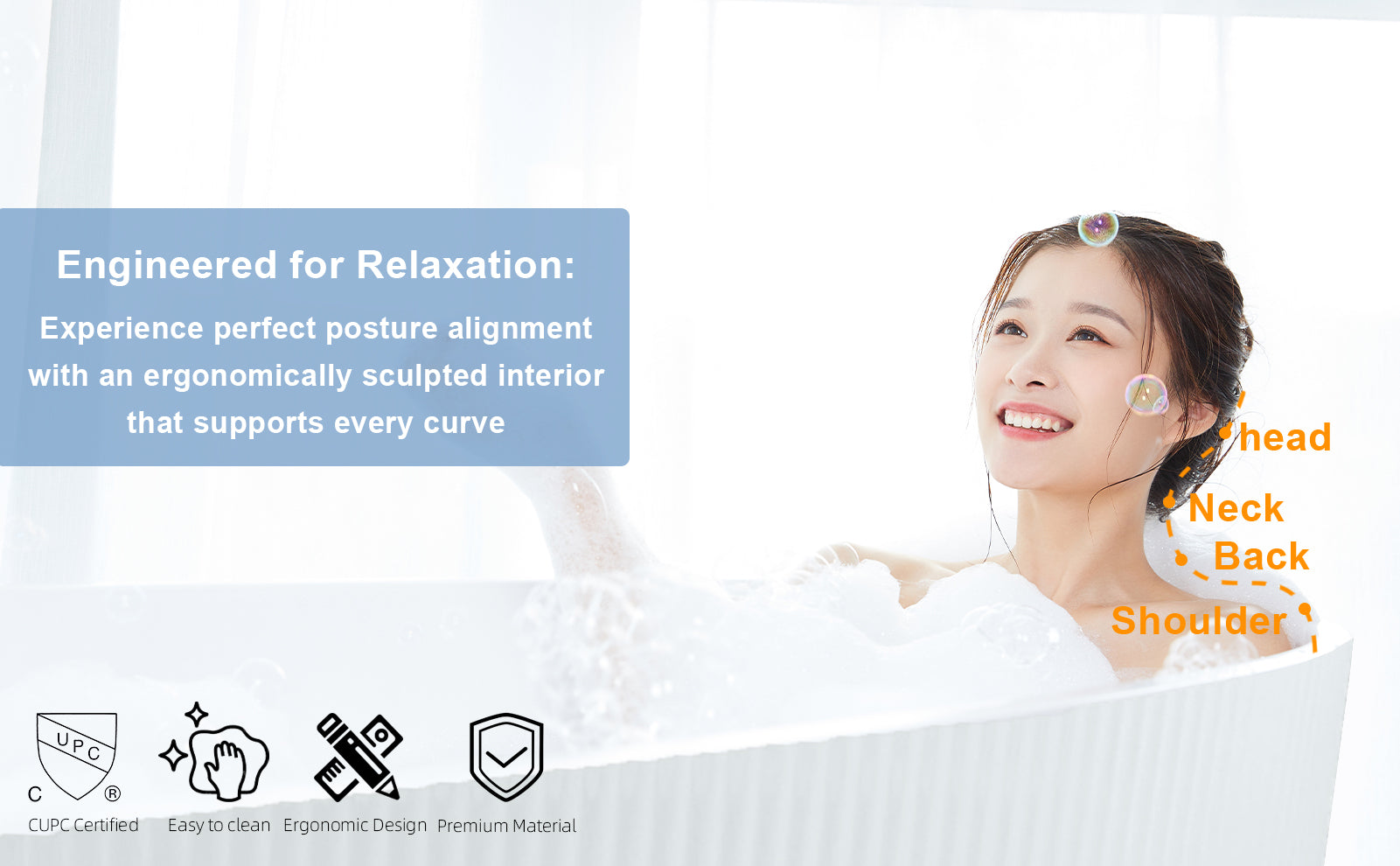 59"Linear AcrylicFreestanding Bathtub Stand Alone Soaker Tub, Glossy White Acrylic, POP-UP Chrome Drain, cUPC Certified