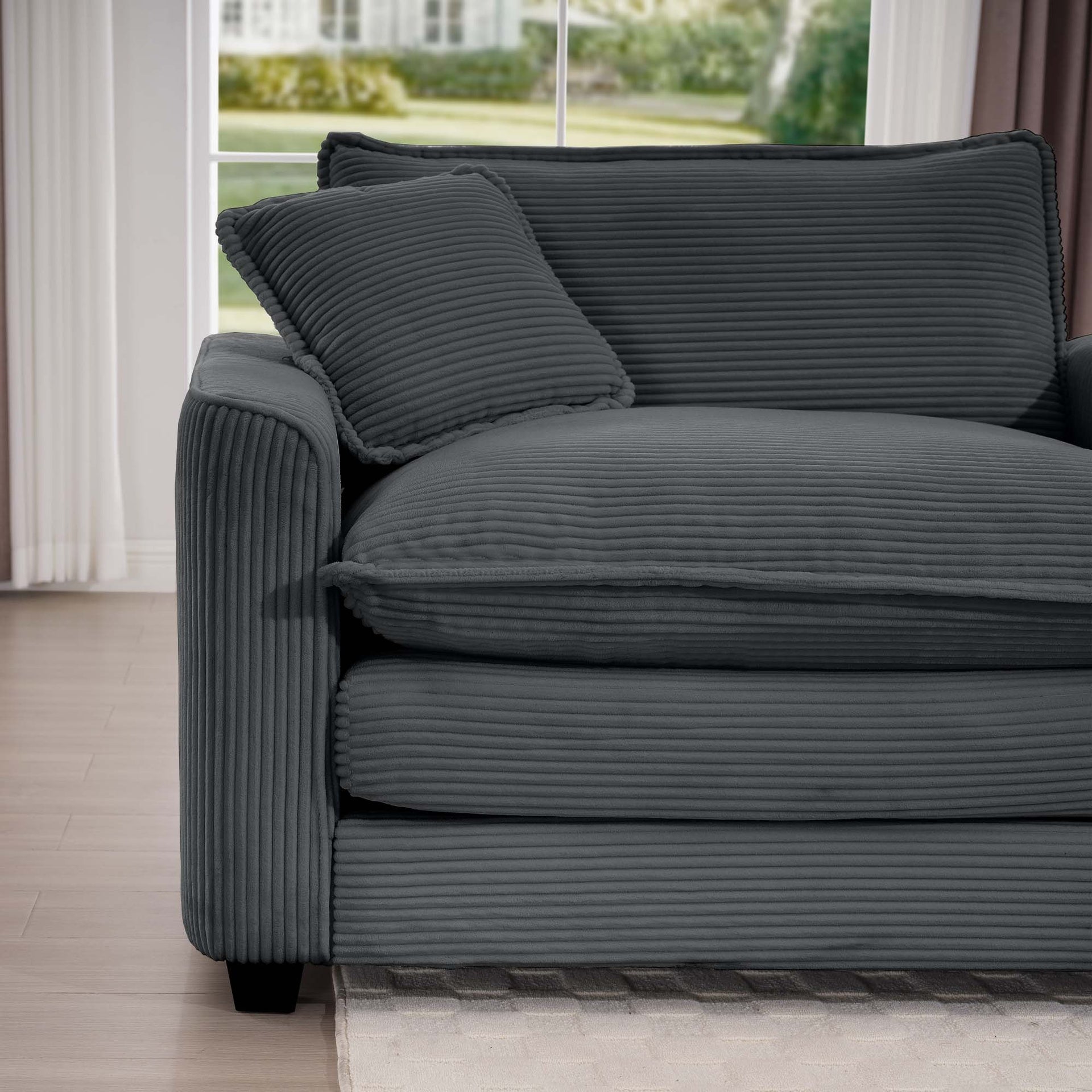 Corduroy 3-seater sofa with 1 footrest, L-shaped double sofa with ottoman for small living rooms, Grey corduroy sofa