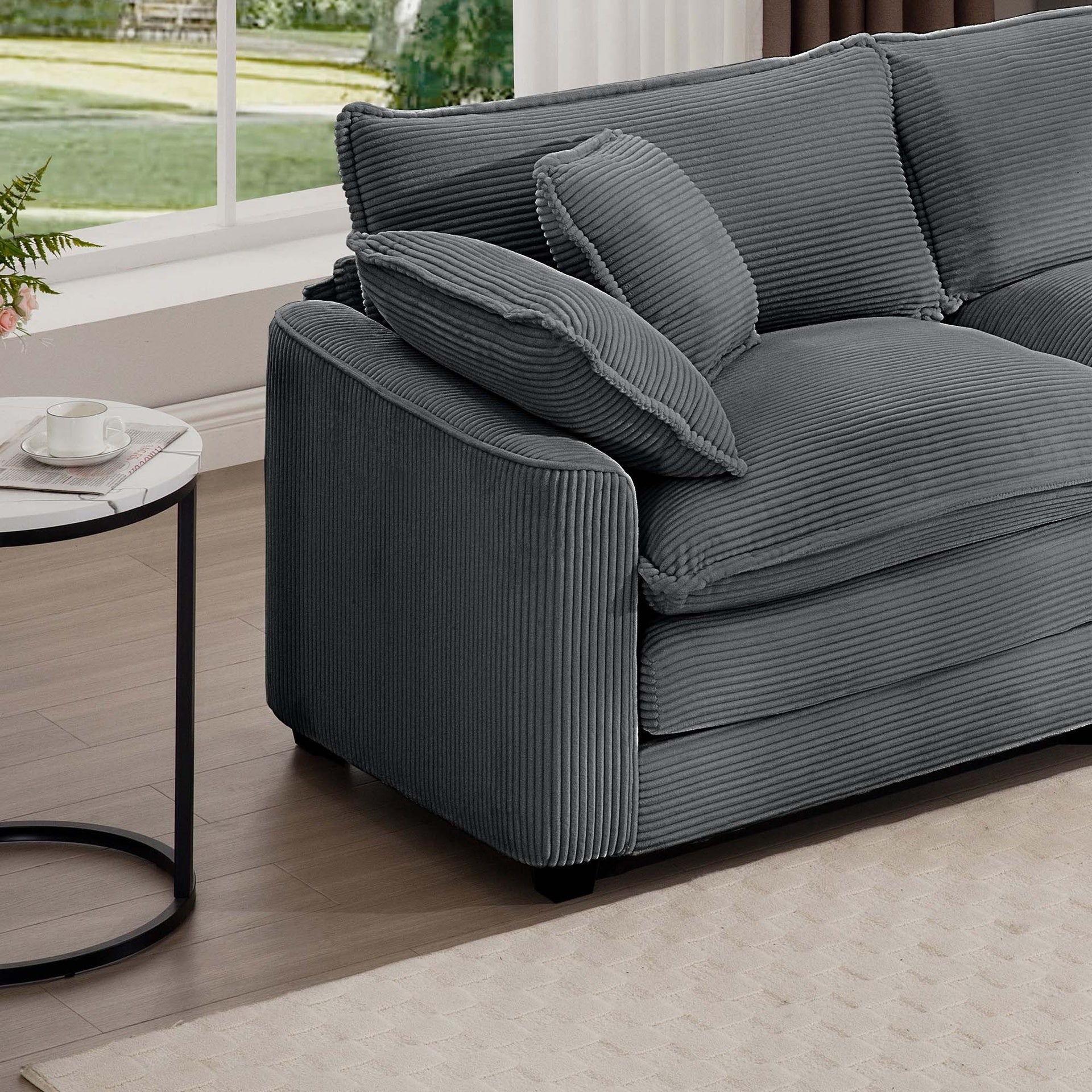 Corduroy 3-seater sofa with 1 footrest, L-shaped double sofa with ottoman for small living rooms, Grey corduroy sofa