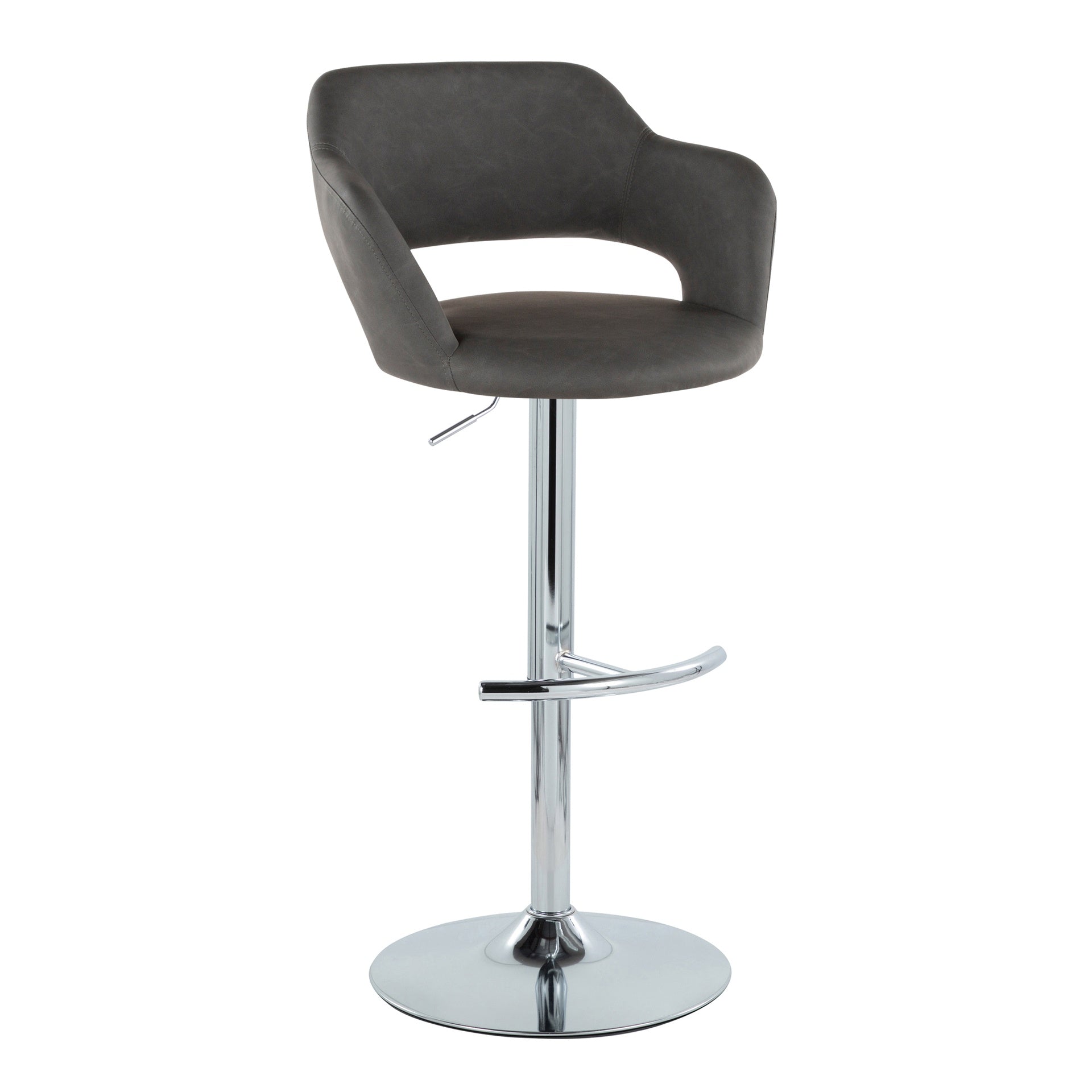 Margarite Contemporary Ajustable Barstool with Swivel in Chrome Metal and Grey Faux Leather with Rounded T Footrest by LumiSource - Set of 2