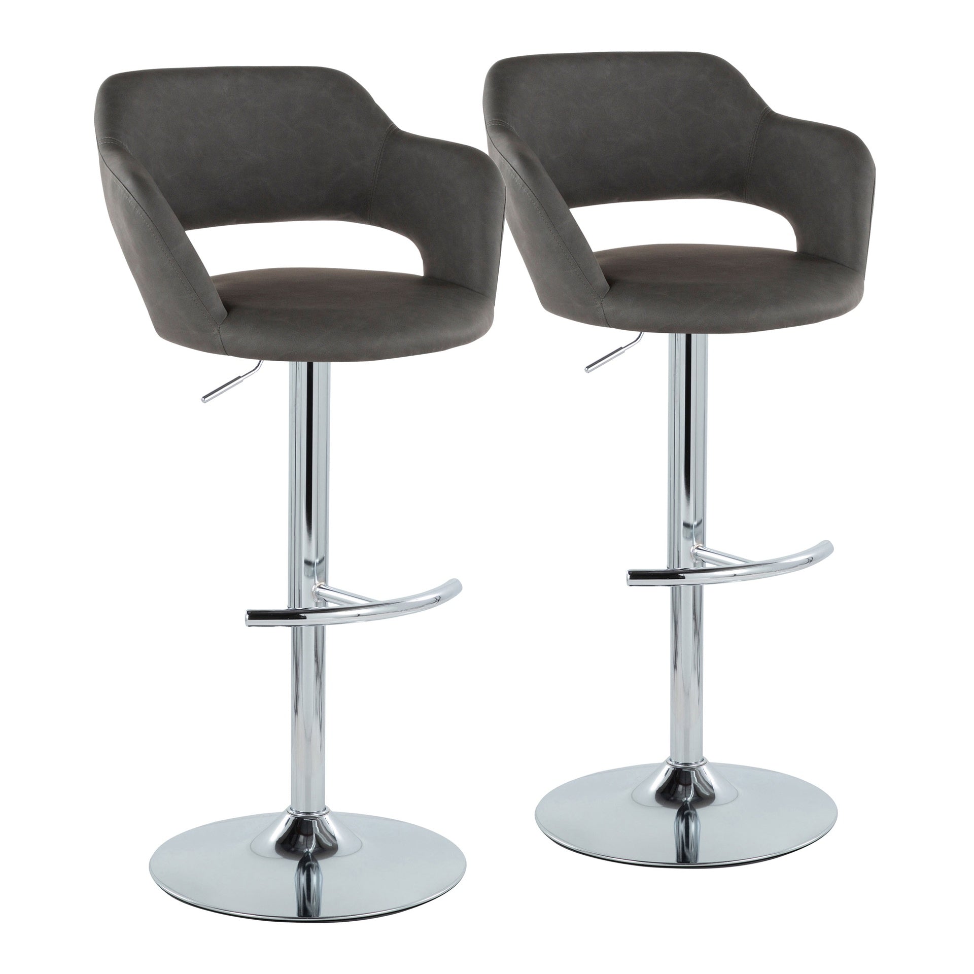 Margarite Contemporary Ajustable Barstool with Swivel in Chrome Metal and Grey Faux Leather with Rounded T Footrest by LumiSource - Set of 2