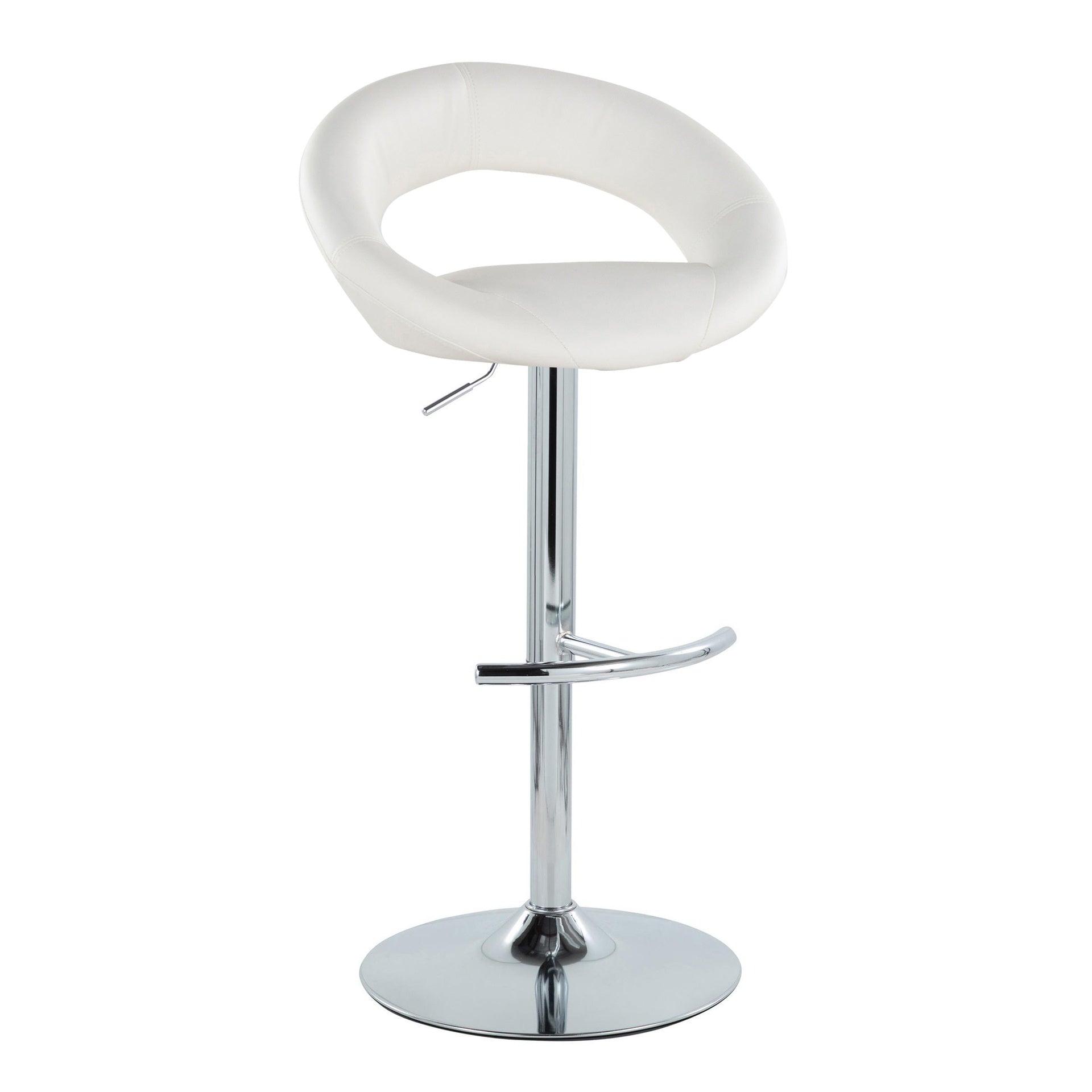 Posh Contemporary Adjustable Barstool with Swivel in Chrome Metal and White Faux Leather with Rounded T Footrest by LumiSource - Set of 2