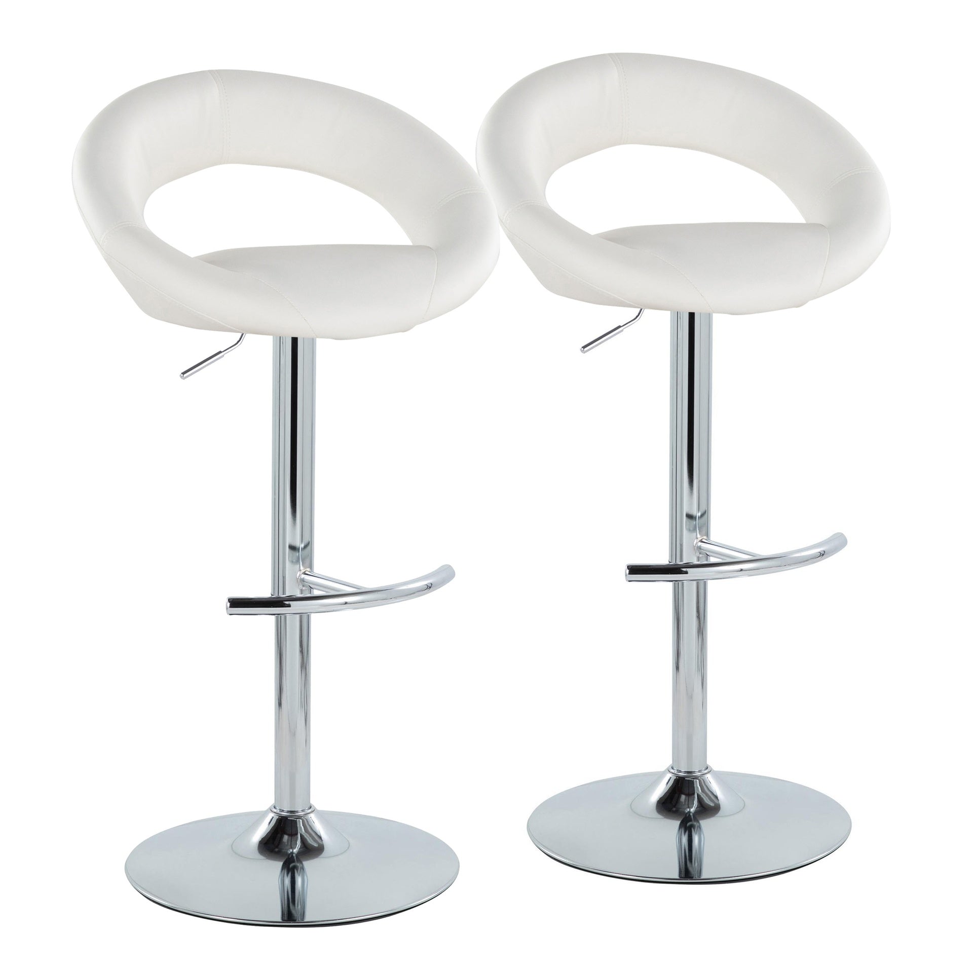 Posh Contemporary Adjustable Barstool with Swivel in Chrome Metal and White Faux Leather with Rounded T Footrest by LumiSource - Set of 2
