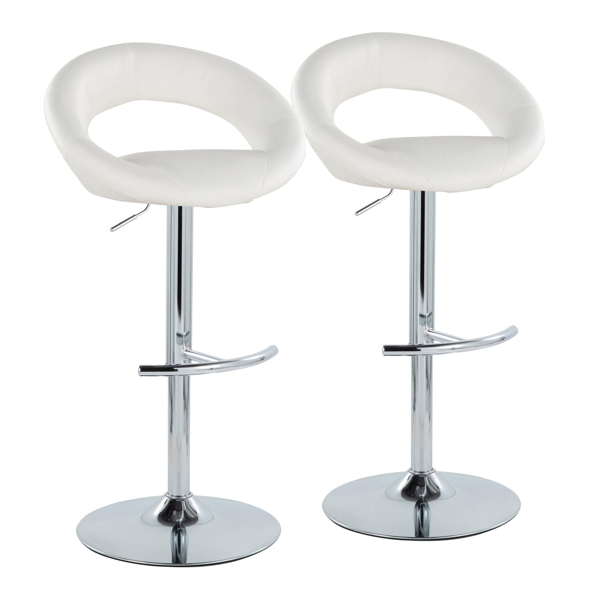 Posh Contemporary Adjustable Barstool with Swivel in Chrome Metal and White Faux Leather with Rounded T Footrest by LumiSource - Set of 2
