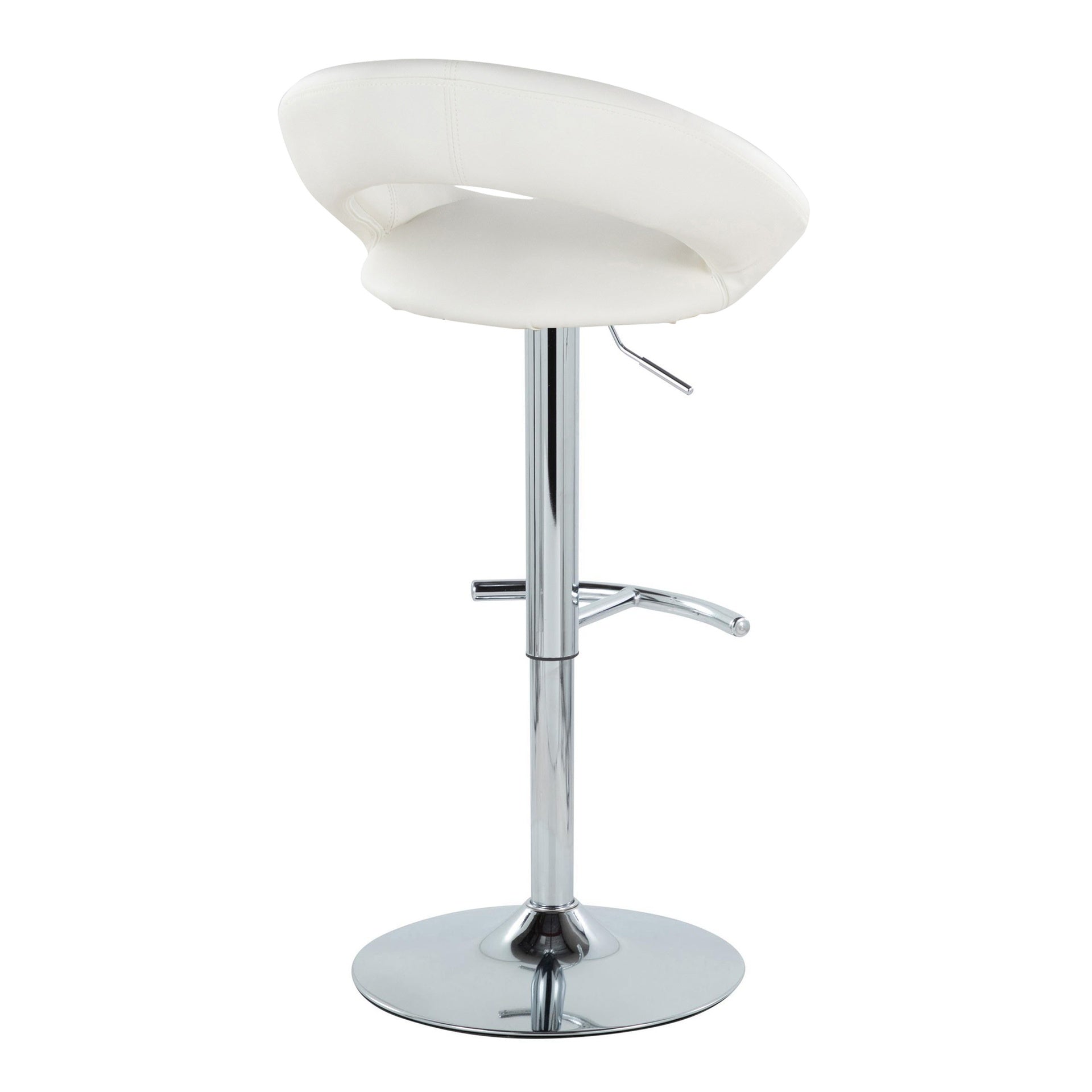 Posh Contemporary Adjustable Barstool with Swivel in Chrome Metal and White Faux Leather with Rounded T Footrest by LumiSource - Set of 2
