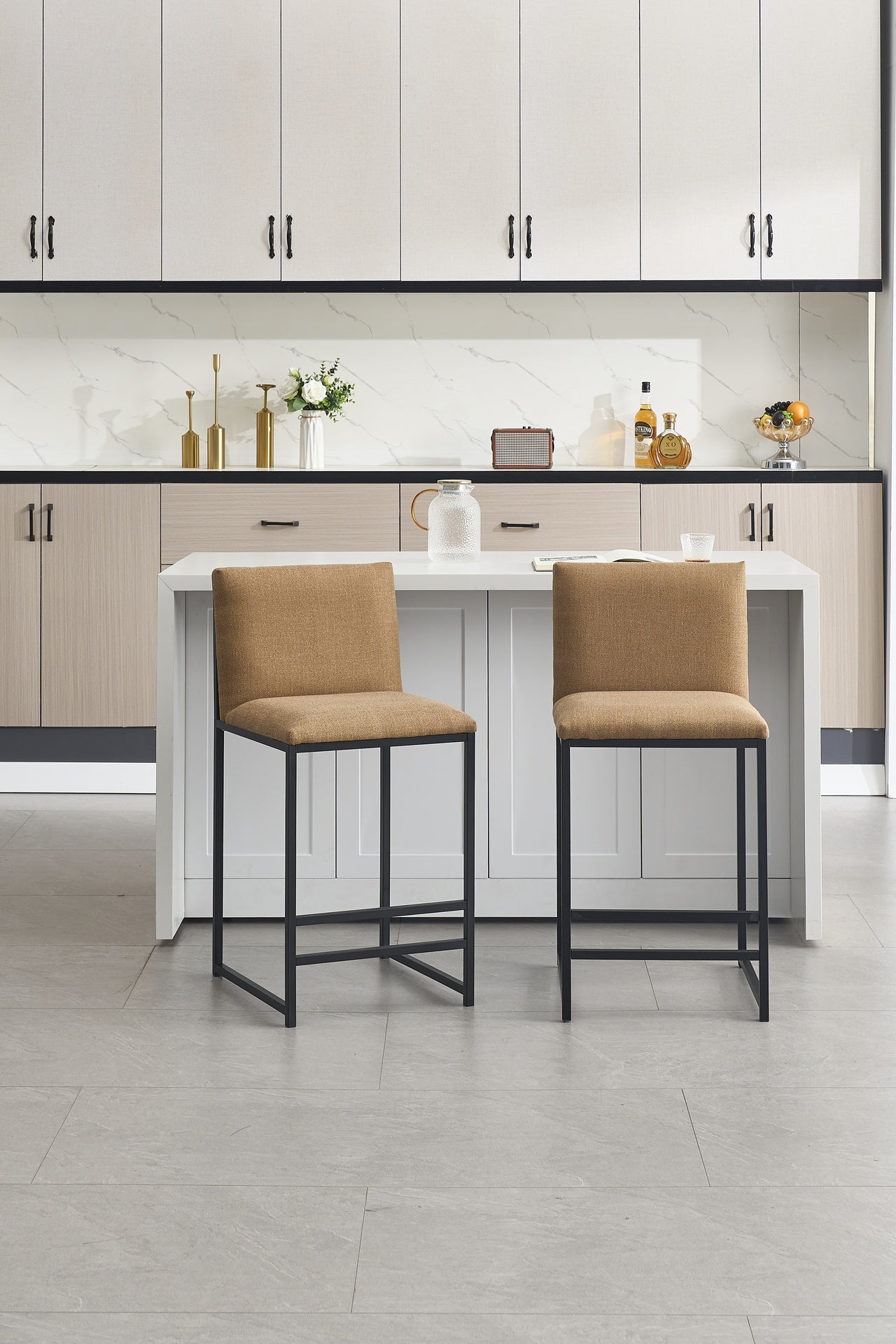 Counter Height Bar Stools Set of 2, Upholstered Linen Bar Chairs, Metal Footrest and Frame for Kitchen,Dining Room,COFFEE