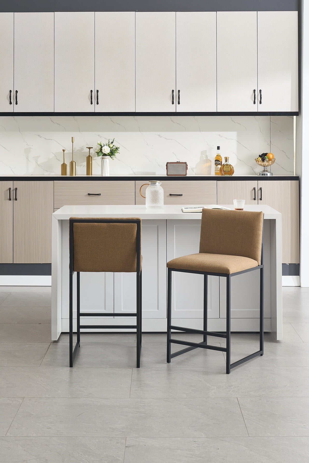 Counter Height Bar Stools Set of 2, Upholstered Linen Bar Chairs, Metal Footrest and Frame for Kitchen,Dining Room,COFFEE