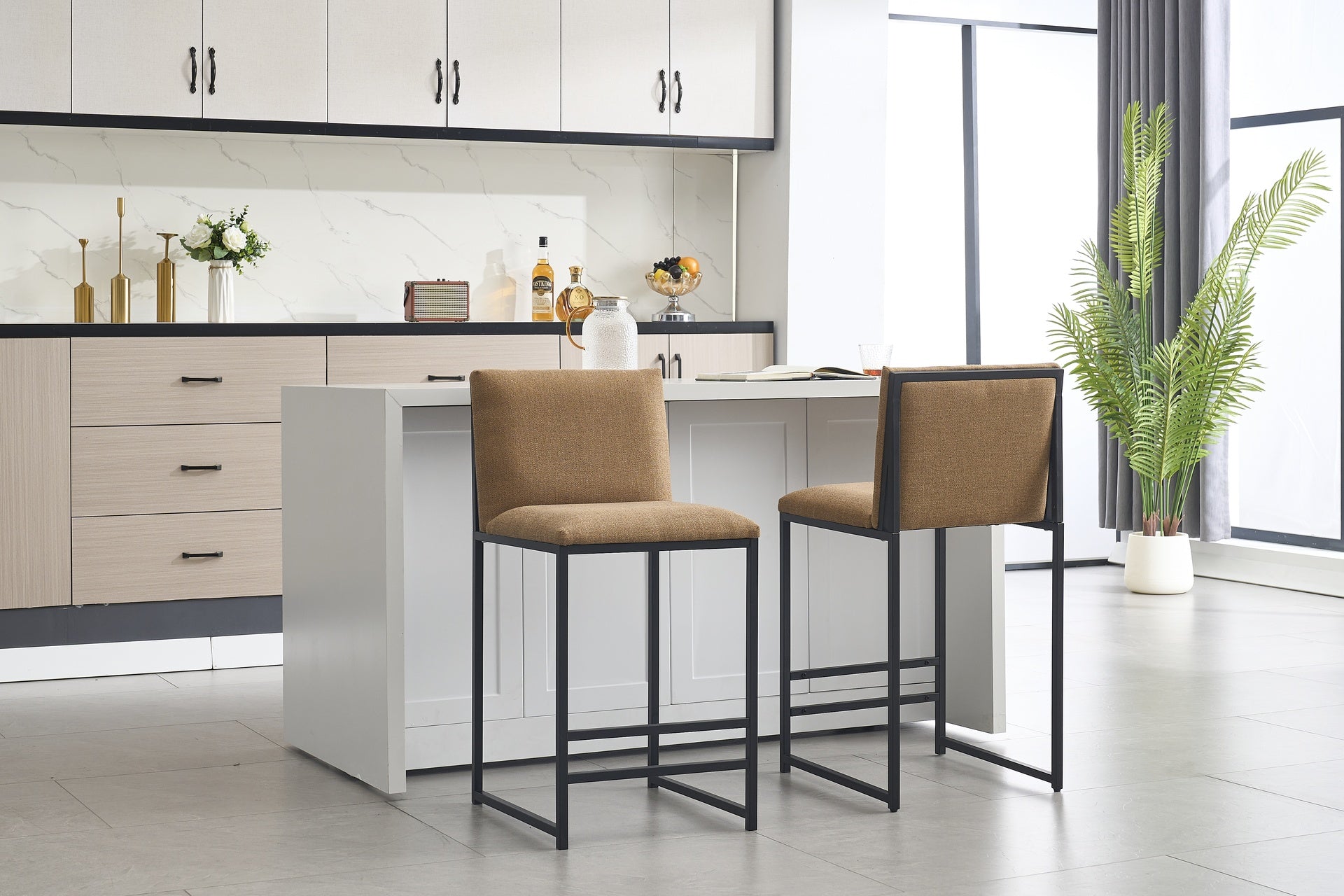 Counter Height Bar Stools Set of 2, Upholstered Linen Bar Chairs, Metal Footrest and Frame for Kitchen,Dining Room,COFFEE