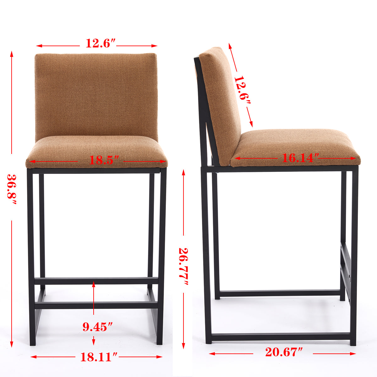 Counter Height Bar Stools Set of 2, Upholstered Linen Bar Chairs, Metal Footrest and Frame for Kitchen,Dining Room,COFFEE