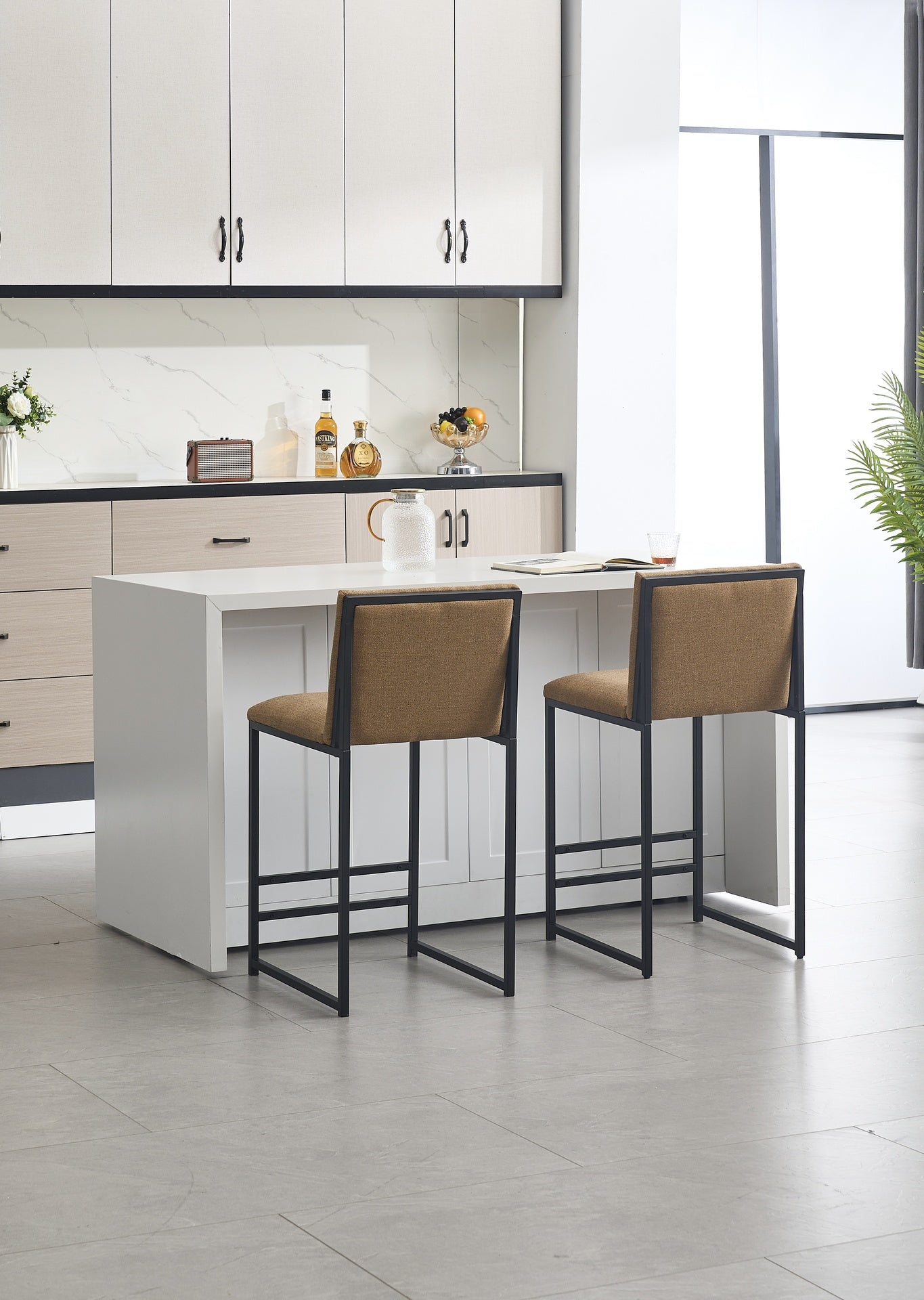 Counter Height Bar Stools Set of 2, Upholstered Linen Bar Chairs, Metal Footrest and Frame for Kitchen,Dining Room,COFFEE