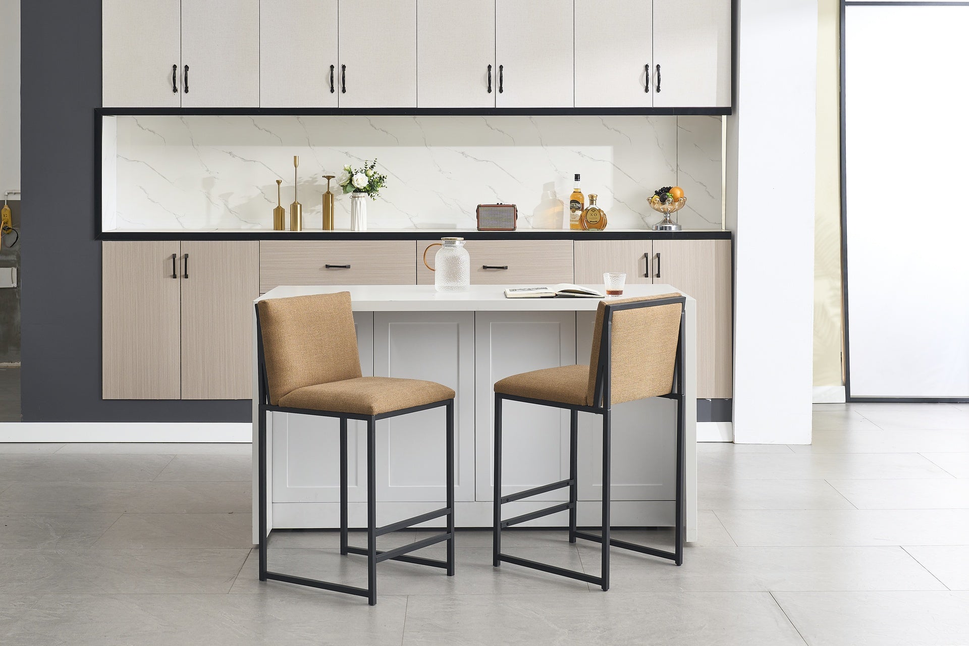 Counter Height Bar Stools Set of 2, Upholstered Linen Bar Chairs, Metal Footrest and Frame for Kitchen,Dining Room,COFFEE