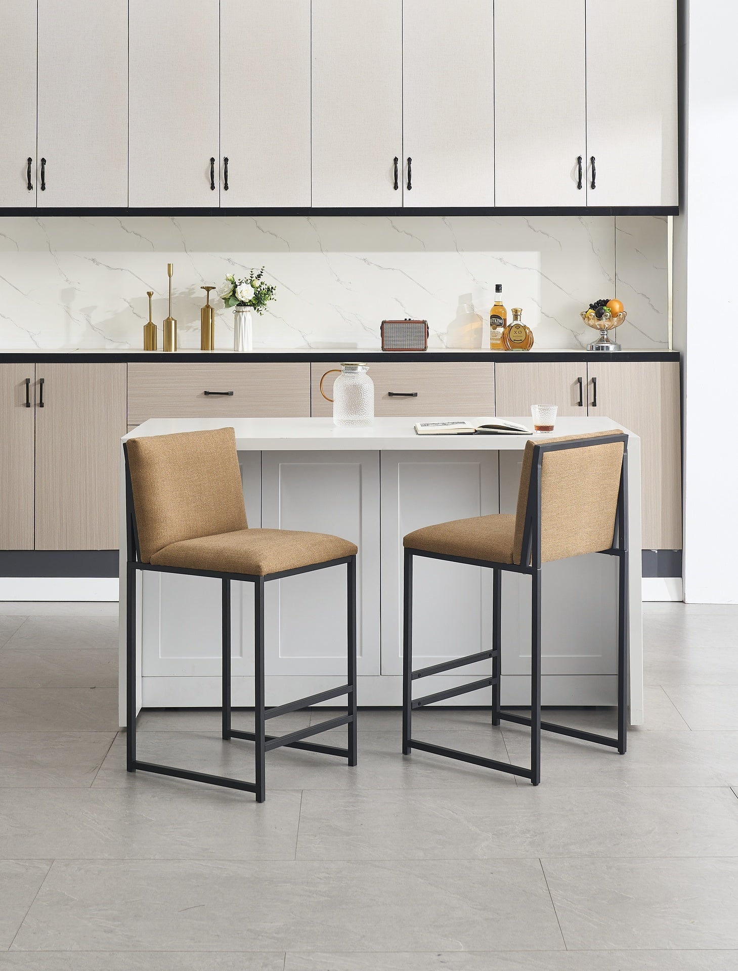 Counter Height Bar Stools Set of 2, Upholstered Linen Bar Chairs, Metal Footrest and Frame for Kitchen,Dining Room,COFFEE