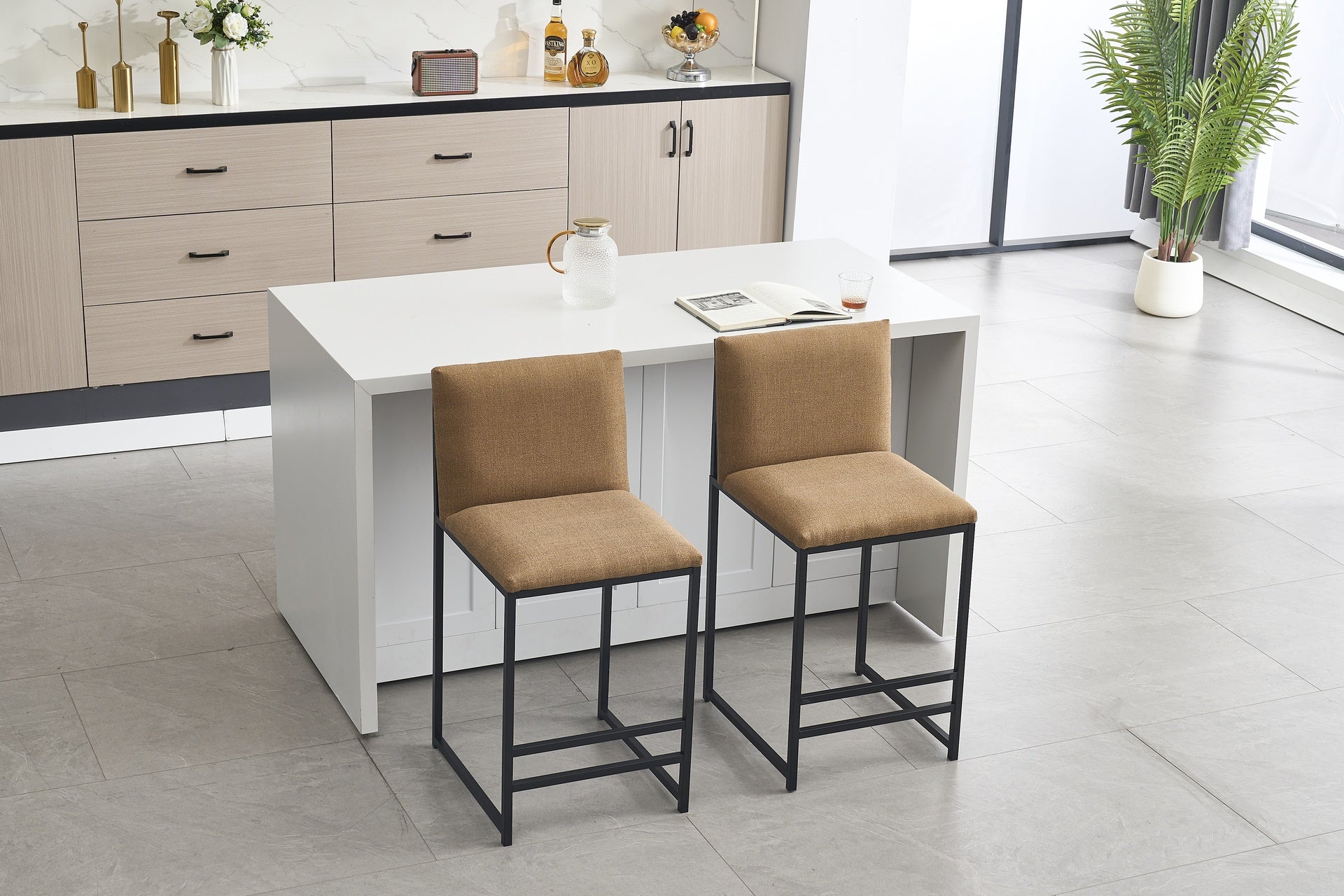 Counter Height Bar Stools Set of 2, Upholstered Linen Bar Chairs, Metal Footrest and Frame for Kitchen,Dining Room,COFFEE