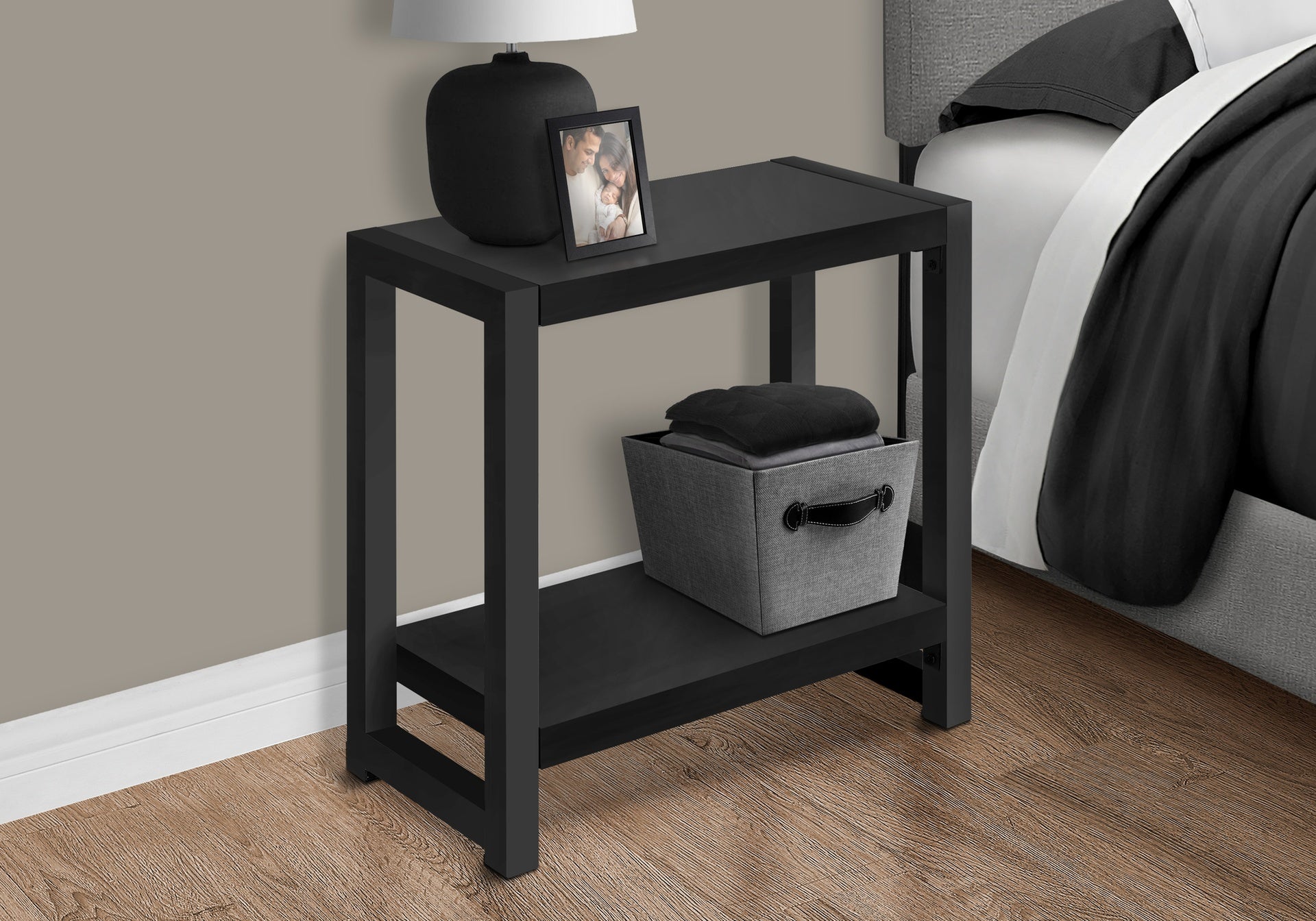 Accent Table, Side, End, Narrow, Small, 2 Tier, Living Room, Bedroom, Black Laminate, Black Metal, Contemporary, Modern