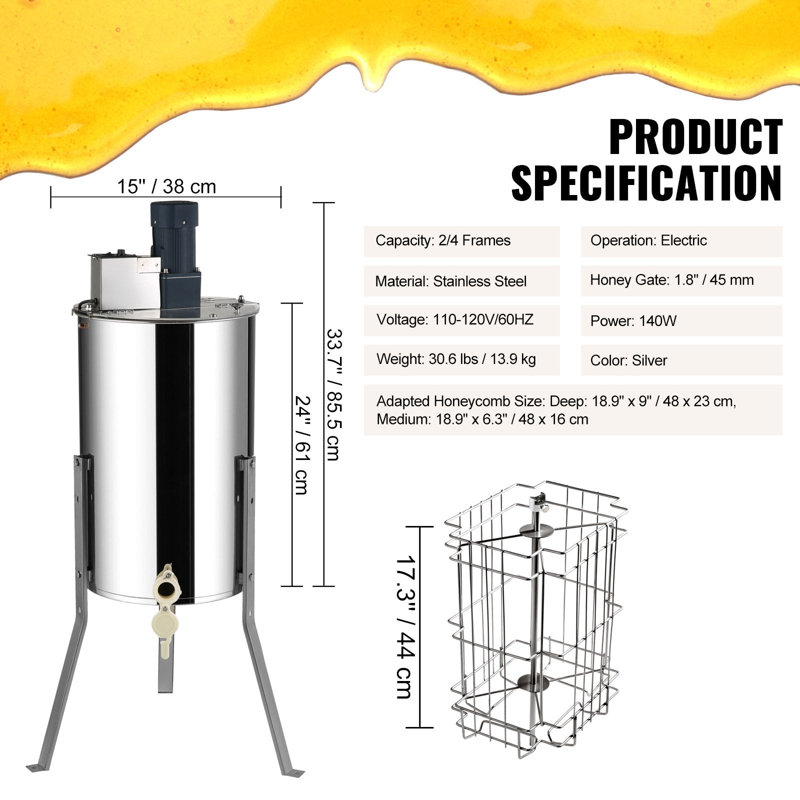 Electric Honey Extractor, 2/4 Frames Honey Spinner Extractor, Stainless Steel Beekeeping Extraction, Apiary Centrifuge Equipment with Height Adjustable Stand, Honeycomb Drum Spinner with Lid