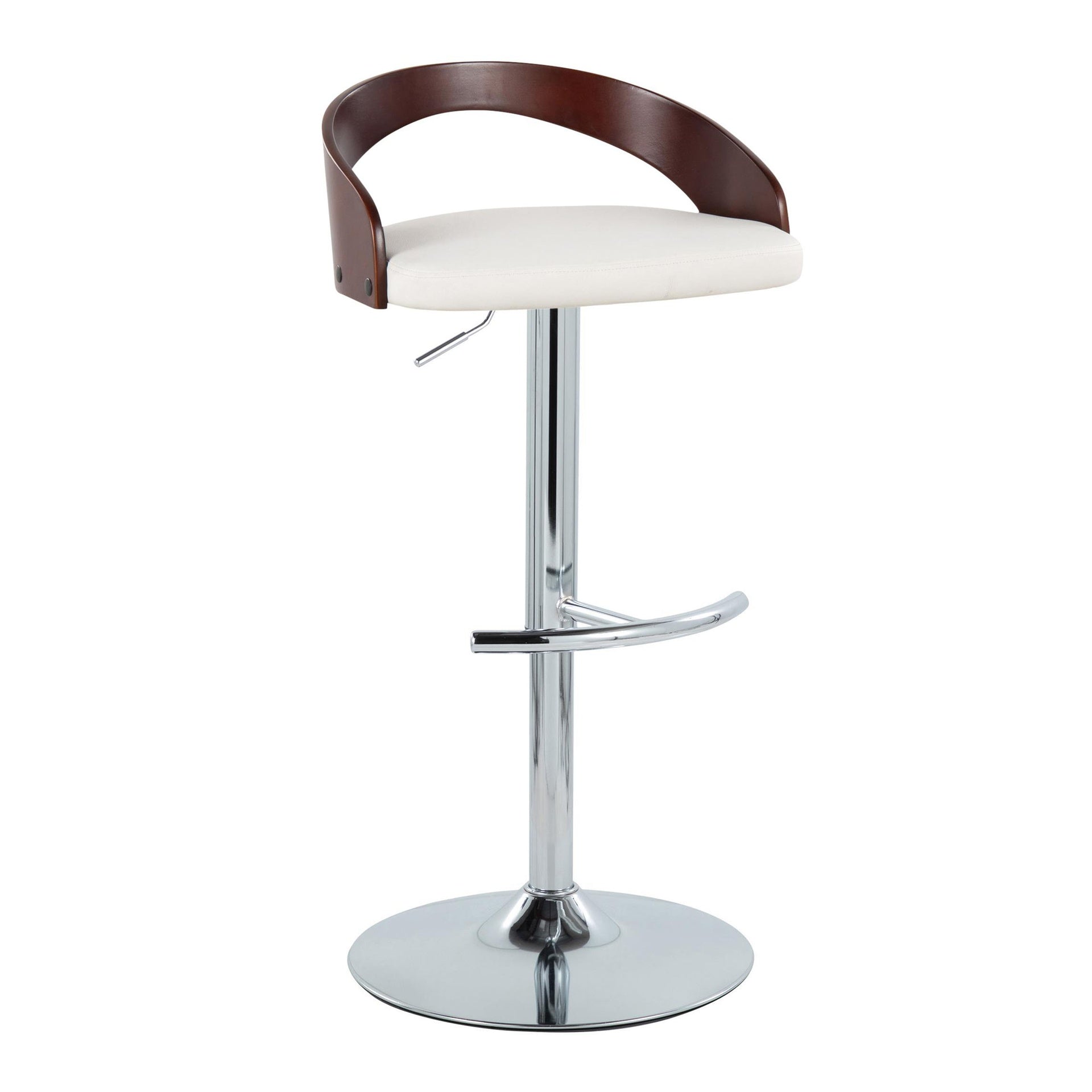 Grotto Contemporary Adjustable Barstool with Swivel in Chrome Metal, Cherry Wood and White Faux Leather with Rounded T Footrest by LumiSource - Set of 2