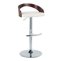 Grotto Contemporary Adjustable Barstool with Swivel in Chrome Metal, Cherry Wood and White Faux Leather with Rounded T Footrest by LumiSource - Set of 2