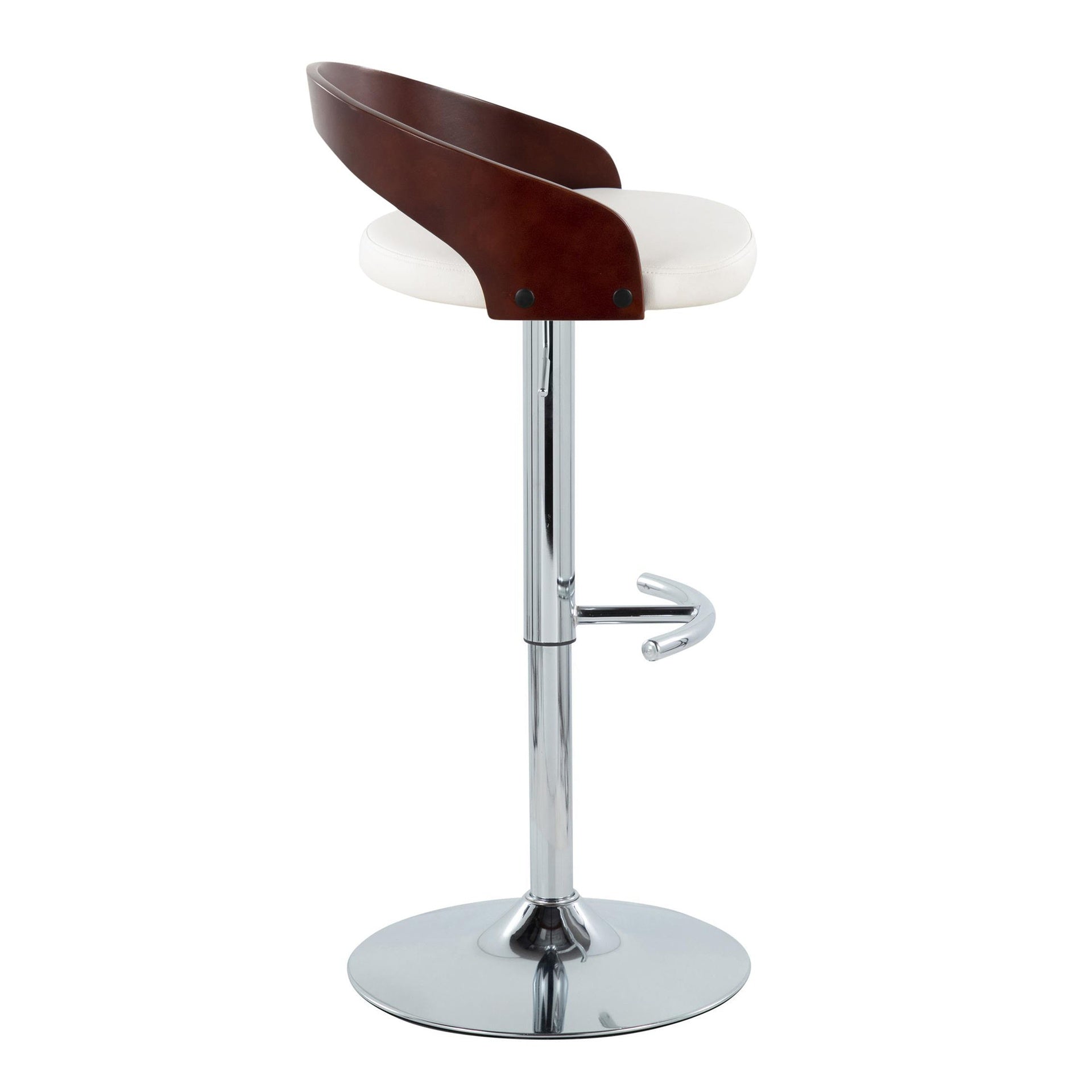 Grotto Contemporary Adjustable Barstool with Swivel in Chrome Metal, Cherry Wood and White Faux Leather with Rounded T Footrest by LumiSource - Set of 2
