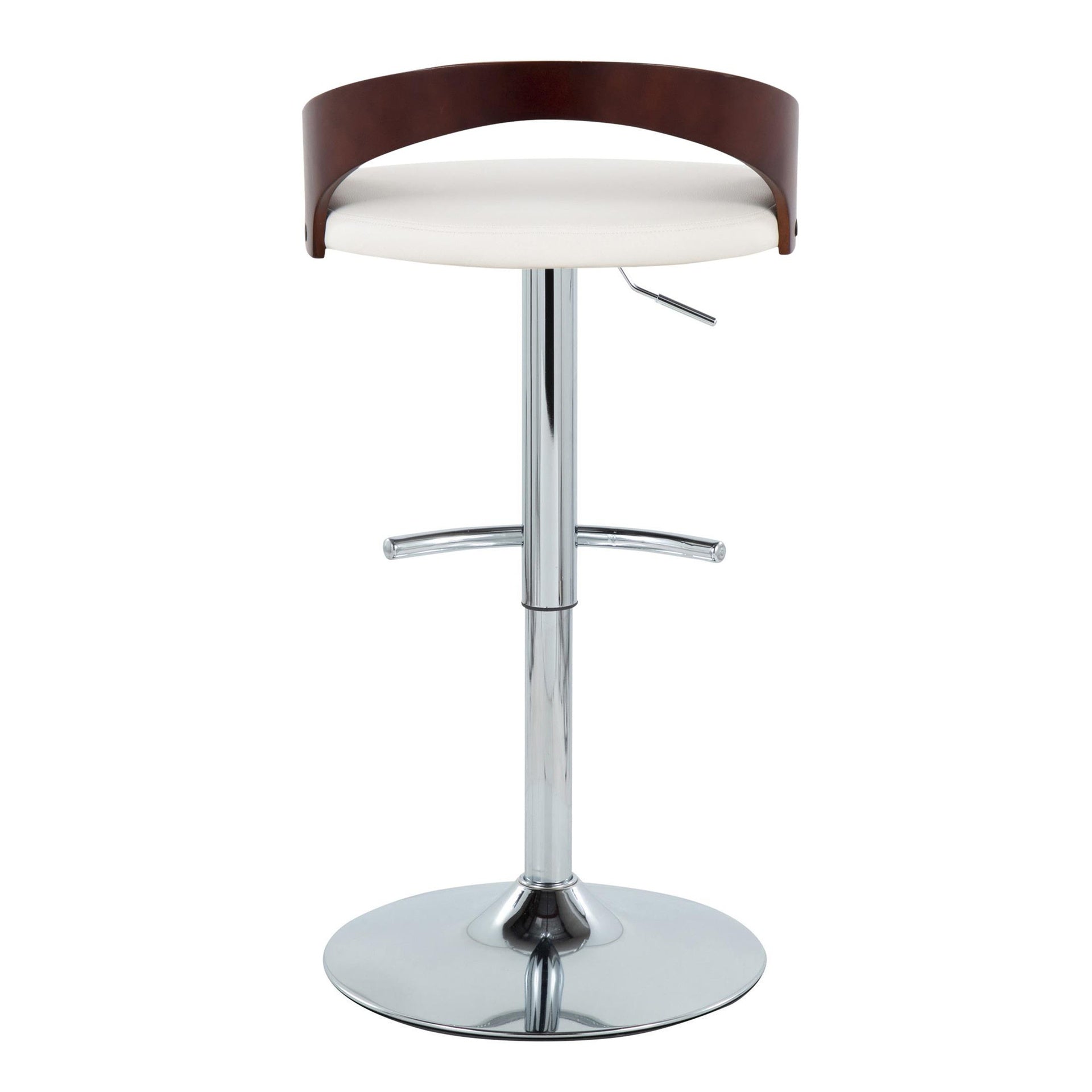 Grotto Contemporary Adjustable Barstool with Swivel in Chrome Metal, Cherry Wood and White Faux Leather with Rounded T Footrest by LumiSource - Set of 2