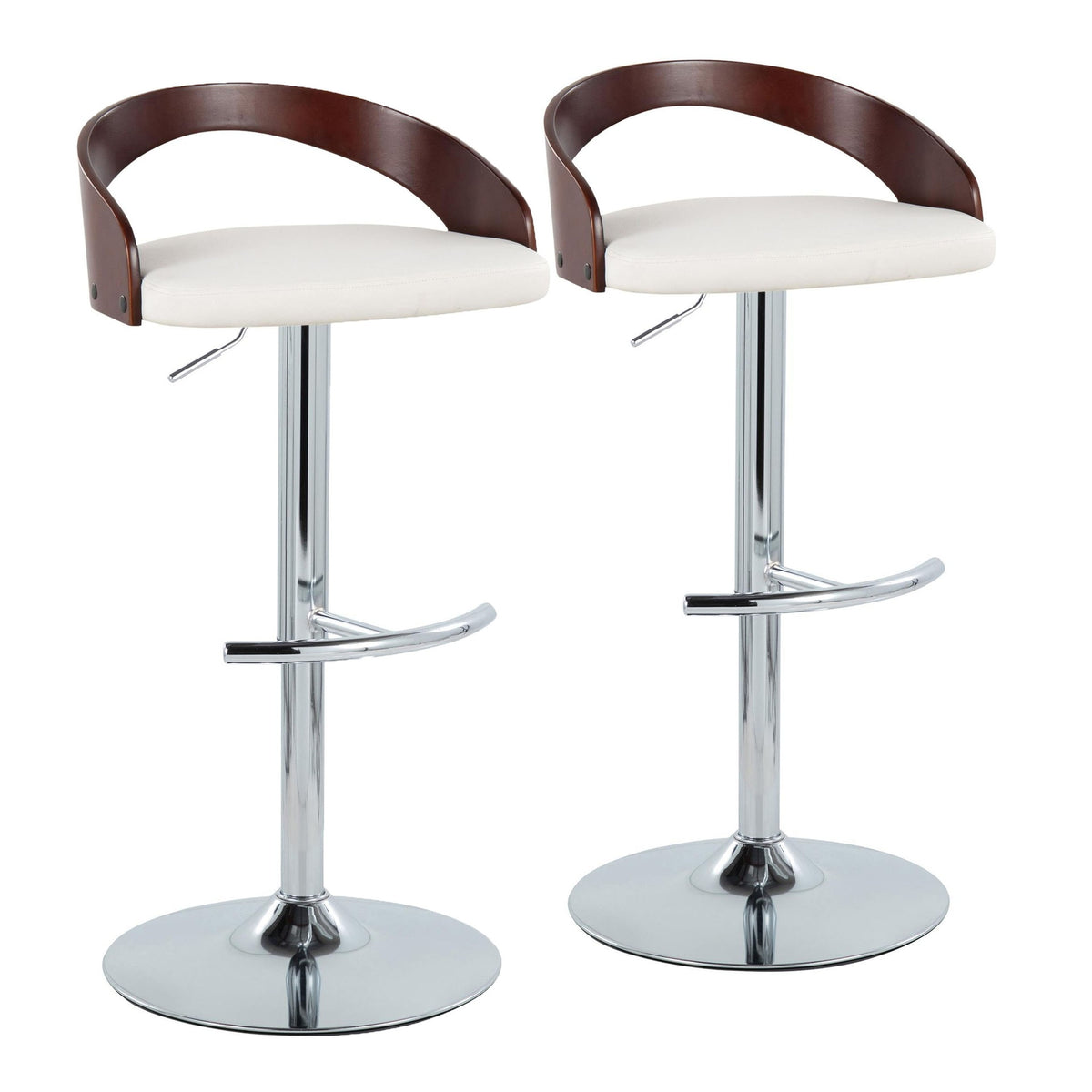 Grotto Contemporary Adjustable Barstool with Swivel in Chrome Metal, Cherry Wood and White Faux Leather with Rounded T Footrest by LumiSource - Set of 2