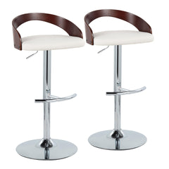 Grotto Contemporary Adjustable Barstool with Swivel in Chrome Metal, Cherry Wood and White Faux Leather with Rounded T Footrest by LumiSource - Set of 2