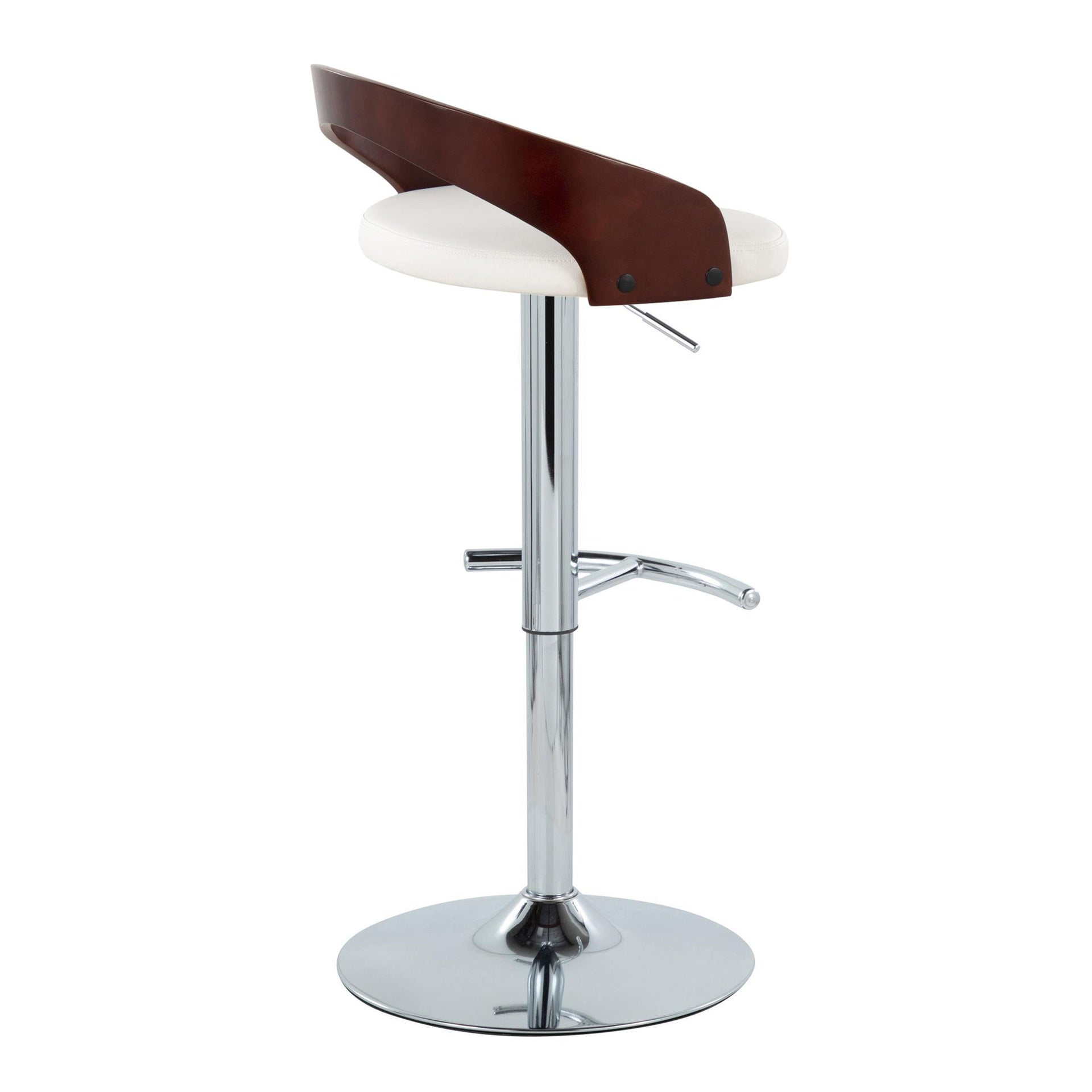 Grotto Contemporary Adjustable Barstool with Swivel in Chrome Metal, Cherry Wood and White Faux Leather with Rounded T Footrest by LumiSource - Set of 2
