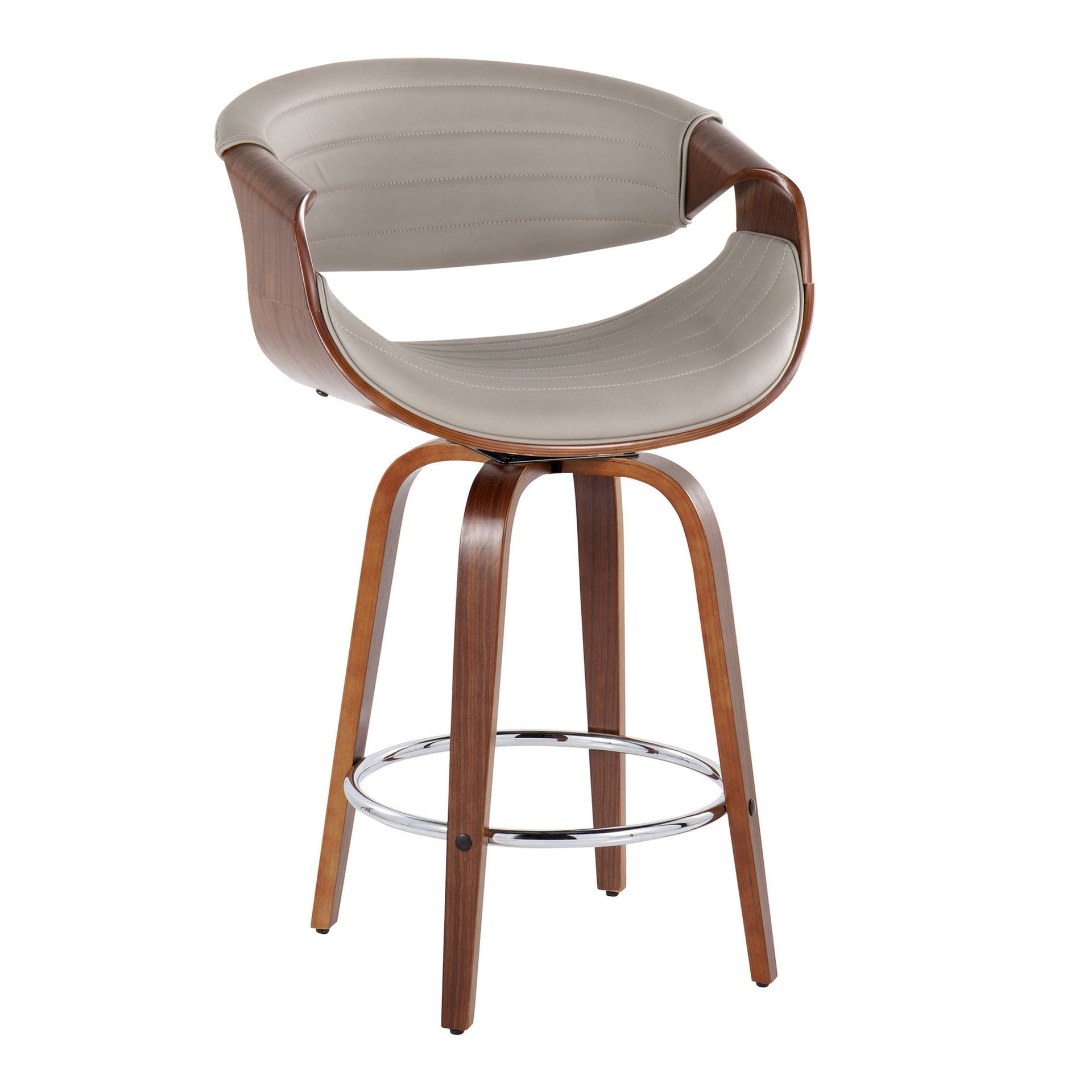 Symphony 26" Mid-Century Modern Fixed-Height Counter Stool with Swivel in Walnut Wood and Grey Faux Leather with Round Chrome Metal Footrest by LumiSource - Set of 2