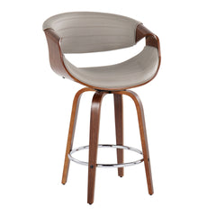 Symphony 26" Mid-Century Modern Fixed-Height Counter Stool with Swivel in Walnut Wood and Grey Faux Leather with Round Chrome Metal Footrest by LumiSource - Set of 2