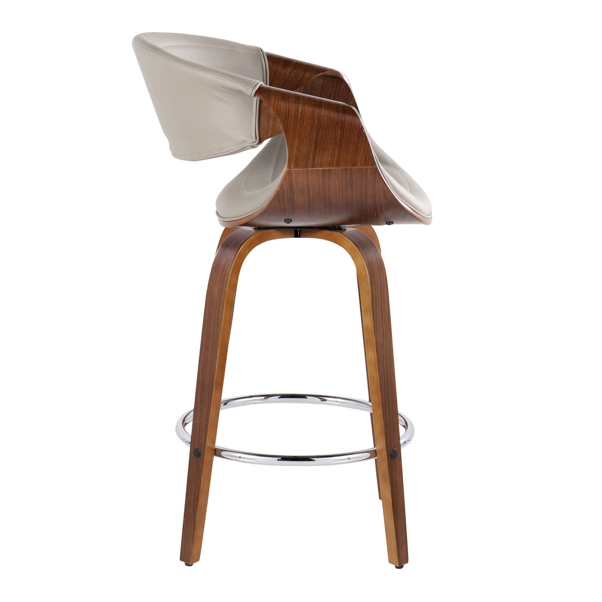 Symphony 26" Mid-Century Modern Fixed-Height Counter Stool with Swivel in Walnut Wood and Grey Faux Leather with Round Chrome Metal Footrest by LumiSource - Set of 2