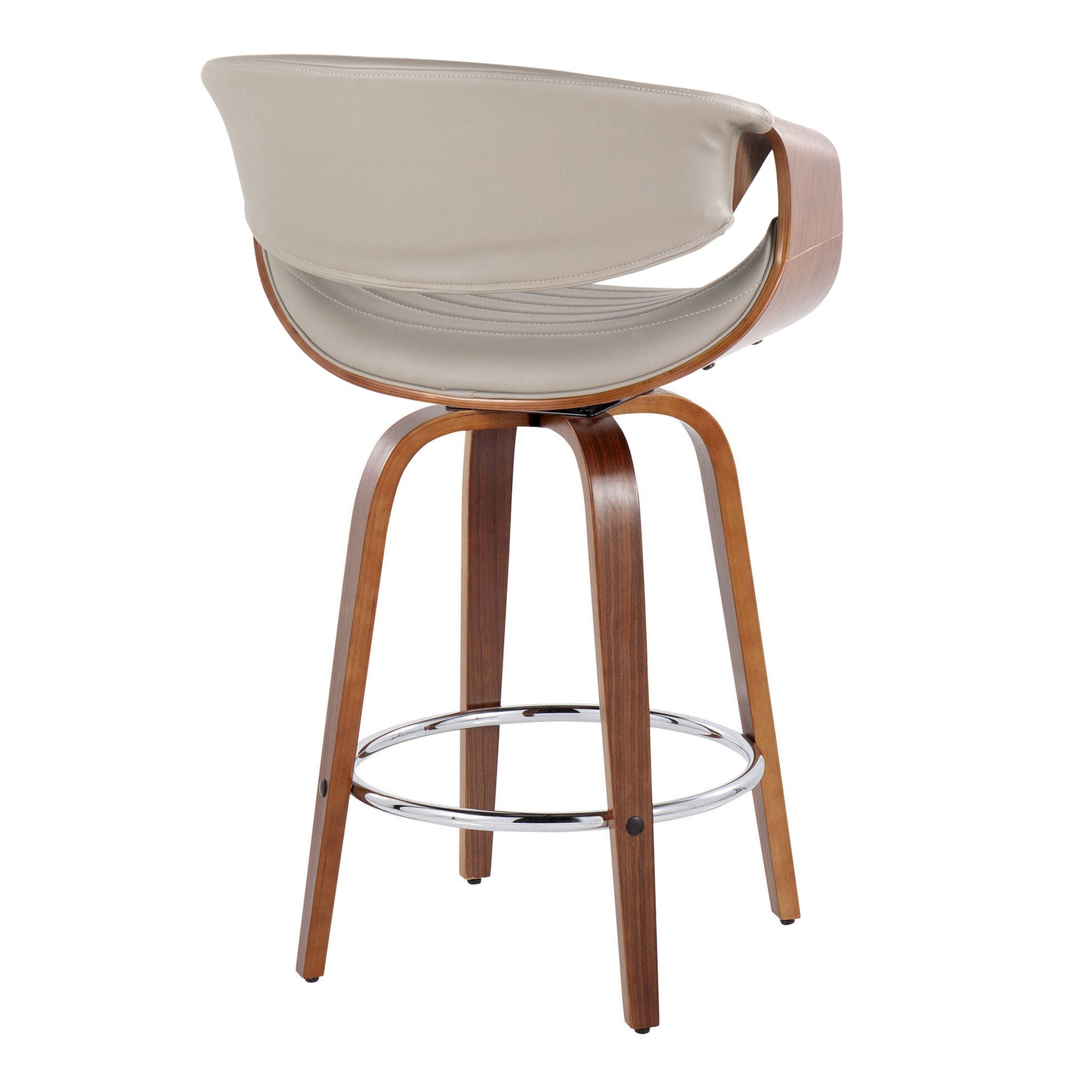 Symphony 26" Mid-Century Modern Fixed-Height Counter Stool with Swivel in Walnut Wood and Grey Faux Leather with Round Chrome Metal Footrest by LumiSource - Set of 2