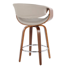 Symphony 26" Mid-Century Modern Fixed-Height Counter Stool with Swivel in Walnut Wood and Grey Faux Leather with Round Chrome Metal Footrest by LumiSource - Set of 2
