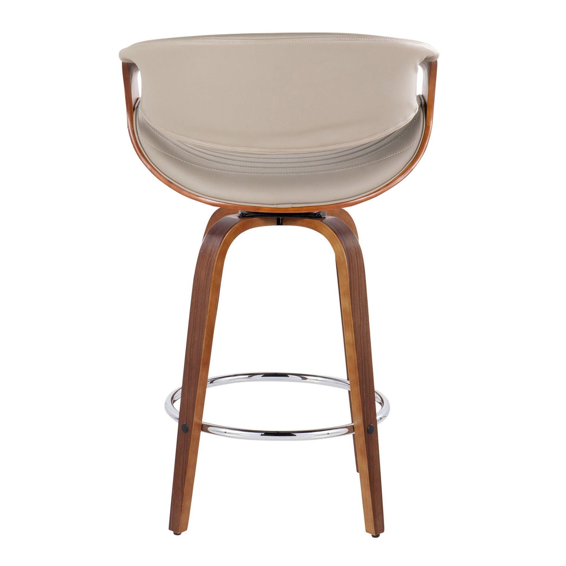 Symphony 26" Mid-Century Modern Fixed-Height Counter Stool with Swivel in Walnut Wood and Grey Faux Leather with Round Chrome Metal Footrest by LumiSource - Set of 2