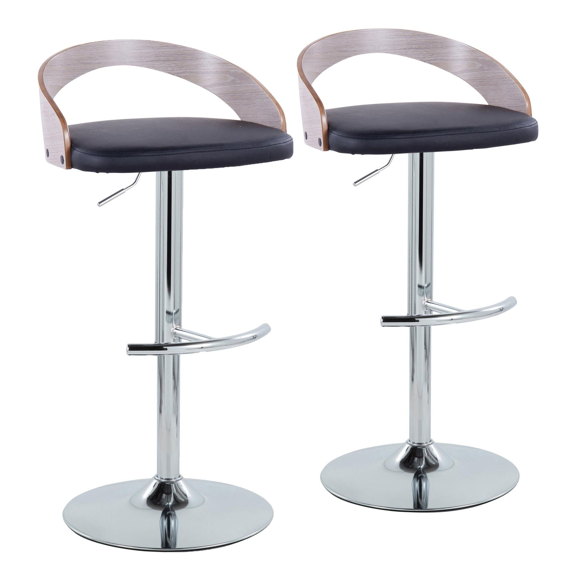 Grotto Contemporary Adjustable Barstool with Swivel in Chrome Metal, Light Grey Wood and Black Faux Leather with Rounded T Footrest by LumiSource - Set of 2