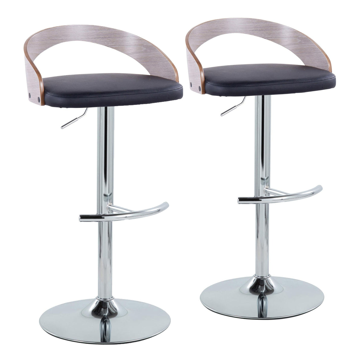 Grotto Contemporary Adjustable Barstool with Swivel in Chrome Metal, Light Grey Wood and Black Faux Leather with Rounded T Footrest by LumiSource - Set of 2