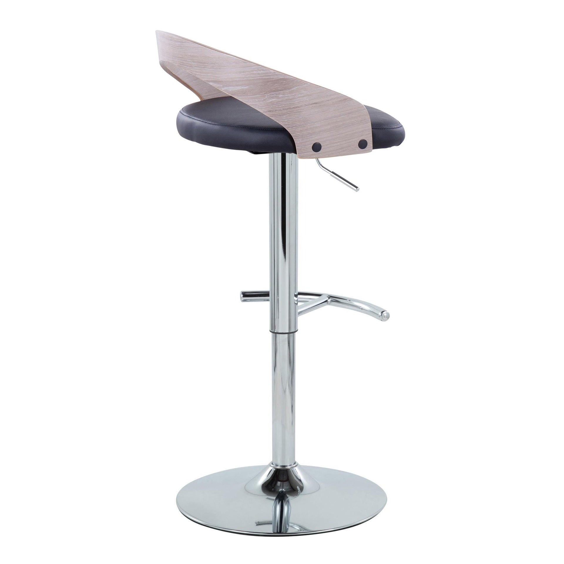 Grotto Contemporary Adjustable Barstool with Swivel in Chrome Metal, Light Grey Wood and Black Faux Leather with Rounded T Footrest by LumiSource - Set of 2