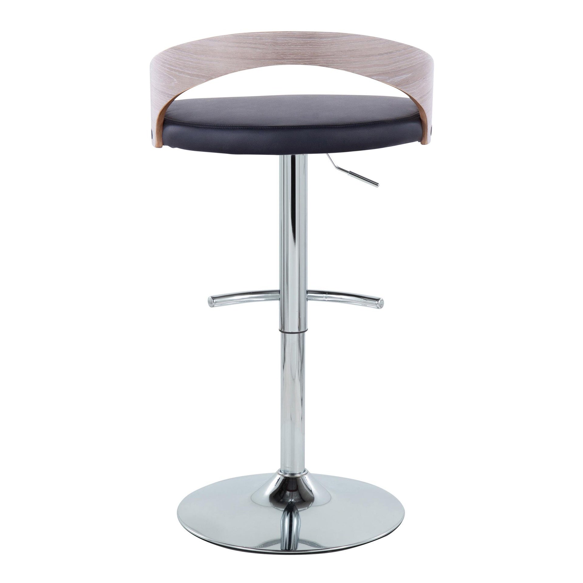Grotto Contemporary Adjustable Barstool with Swivel in Chrome Metal, Light Grey Wood and Black Faux Leather with Rounded T Footrest by LumiSource - Set of 2