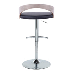 Grotto Contemporary Adjustable Barstool with Swivel in Chrome Metal, Light Grey Wood and Black Faux Leather with Rounded T Footrest by LumiSource - Set of 2