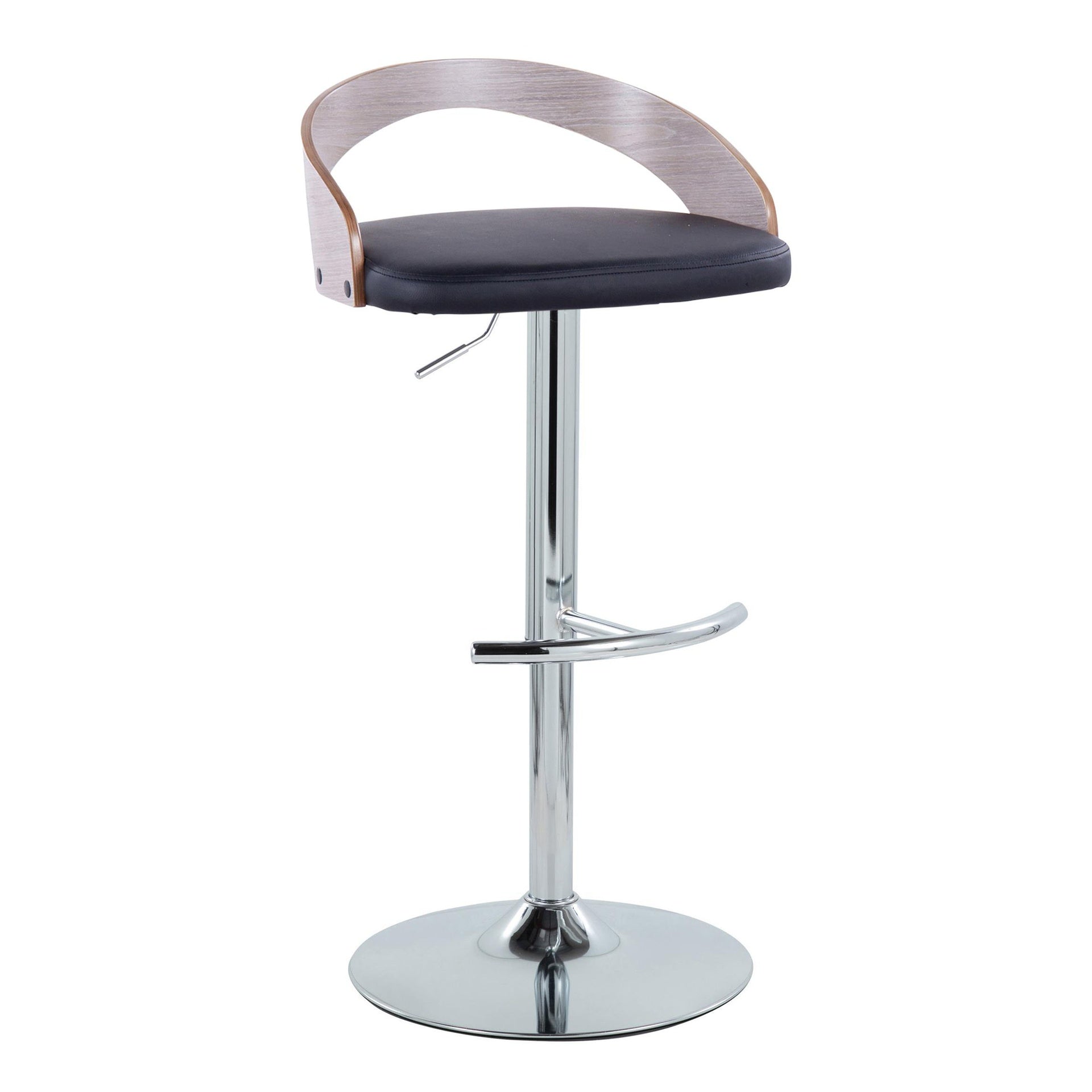 Grotto Contemporary Adjustable Barstool with Swivel in Chrome Metal, Light Grey Wood and Black Faux Leather with Rounded T Footrest by LumiSource - Set of 2