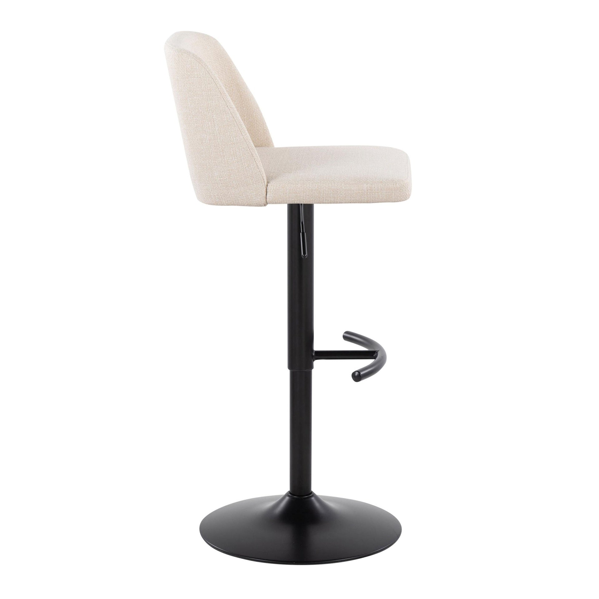 Toriano Contemporary Adjustable Barstool with Swivel in Cream Noise Fabric and Black Metal with Rounded T Footrest by LumiSource - Set of 2