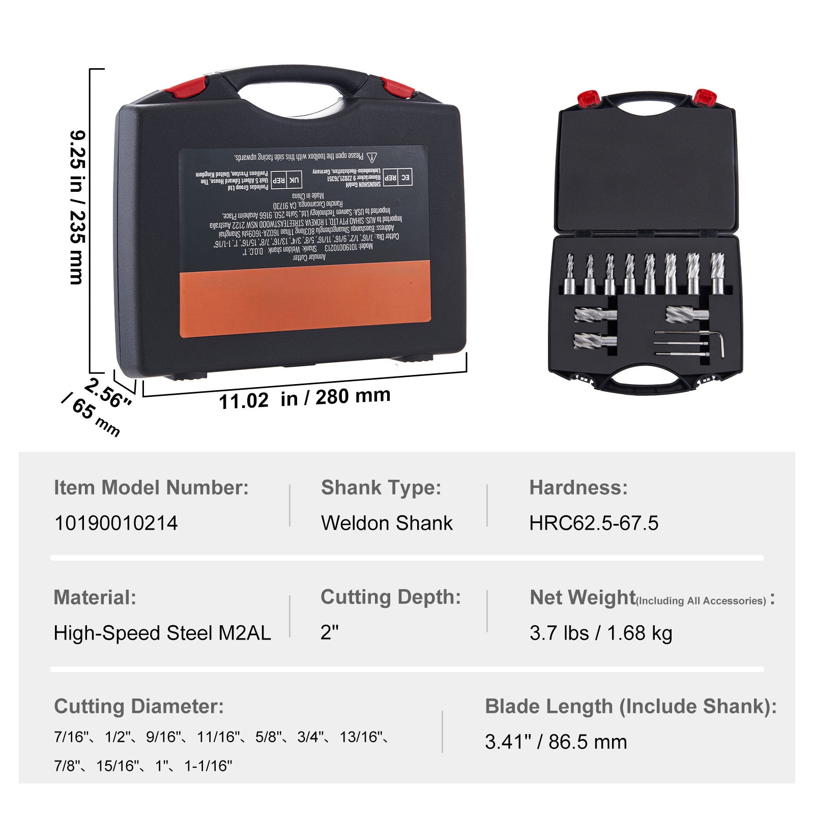 nnular Cutter Set, 13 pcs Weldon Shank Mag Drill Bits, 7/16" to 1-1/16" Cutting Diameter, 2" Cutting Depth, M2AL HSS, with 2 Pilot Pins, Hex Wrench and Portable Case, for Using with Magnetic Dr