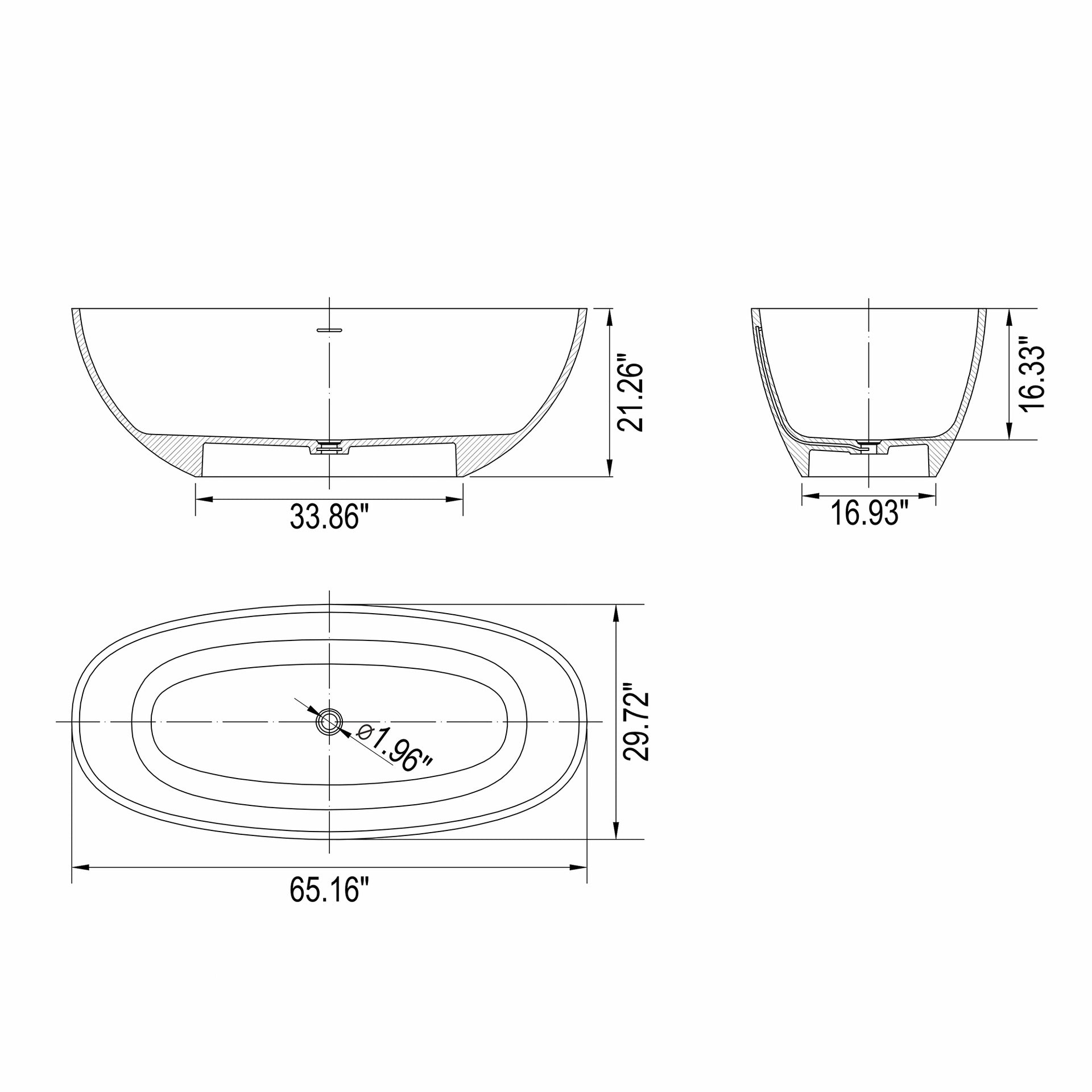 65.2 inch freestanding solid surface soaking bathtub for bathroom