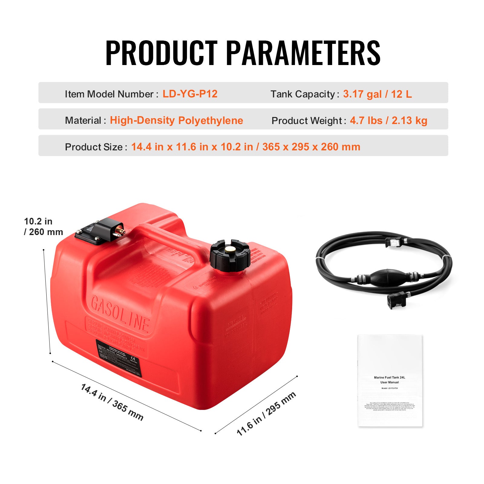 Marine Fuel Tank, 3.17 Gallon/12L, Portable Boat Fuel Gas Tank for Outboard Engine Boats, Plastic Outboard Marine Boat Fuel Tank with Hose, Easy to Carry for Yacht, Fishing Boat, Deck Boat, Red