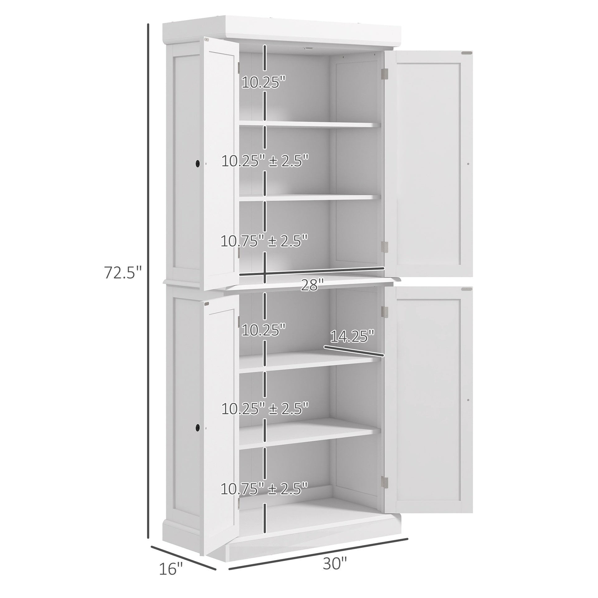 HOMCOM 72.5" Kitchen Pantry Storage Cabinet, Freestanding Kitchen Cupboard with 4 Doors and Adjustable Shelves for Dining Room, MDF White