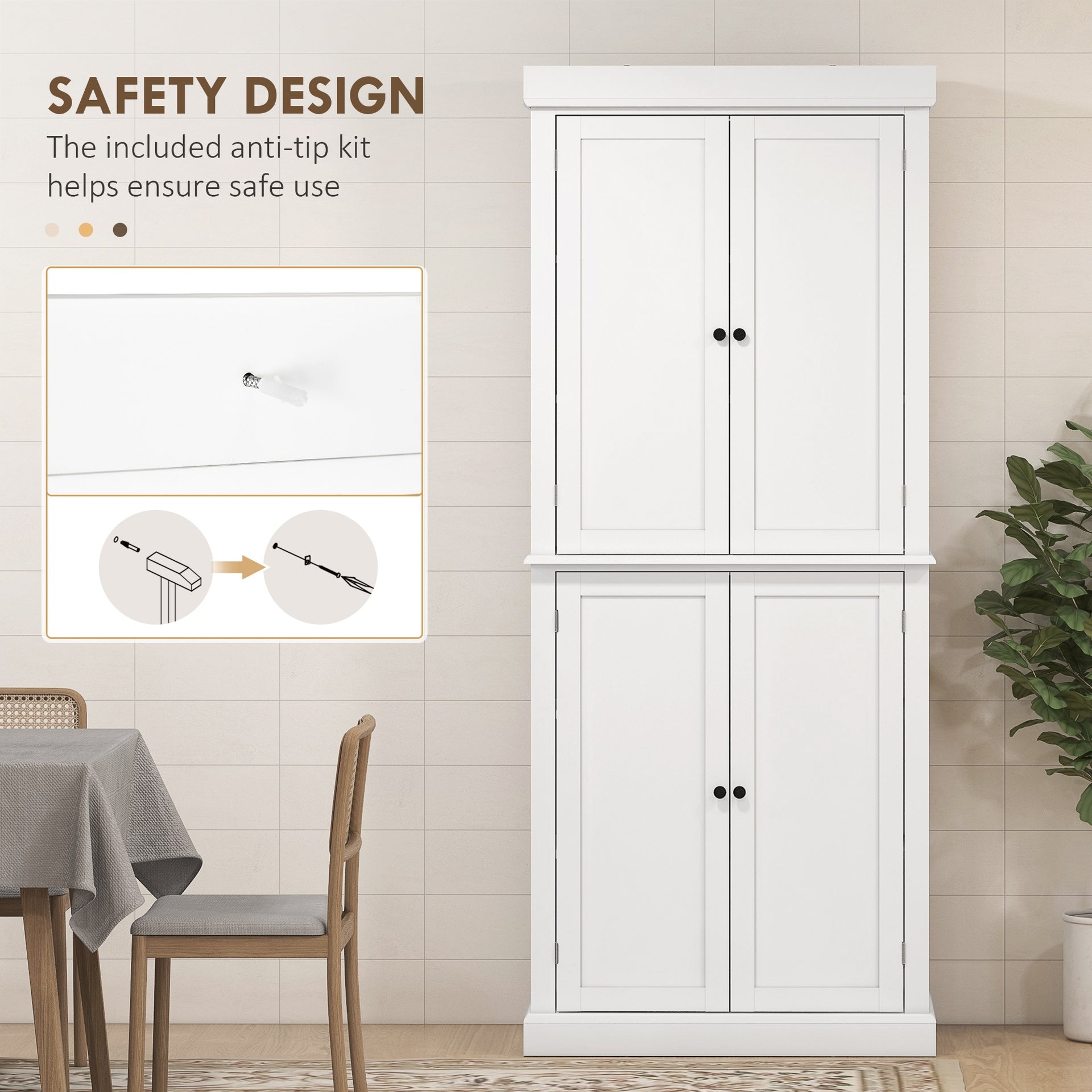 HOMCOM 72.5" Kitchen Pantry Storage Cabinet, Freestanding Kitchen Cupboard with 4 Doors and Adjustable Shelves for Dining Room, MDF White