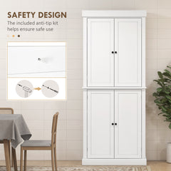 HOMCOM 72.5" Kitchen Pantry Storage Cabinet, Freestanding Kitchen Cupboard with 4 Doors and Adjustable Shelves for Dining Room, MDF White
