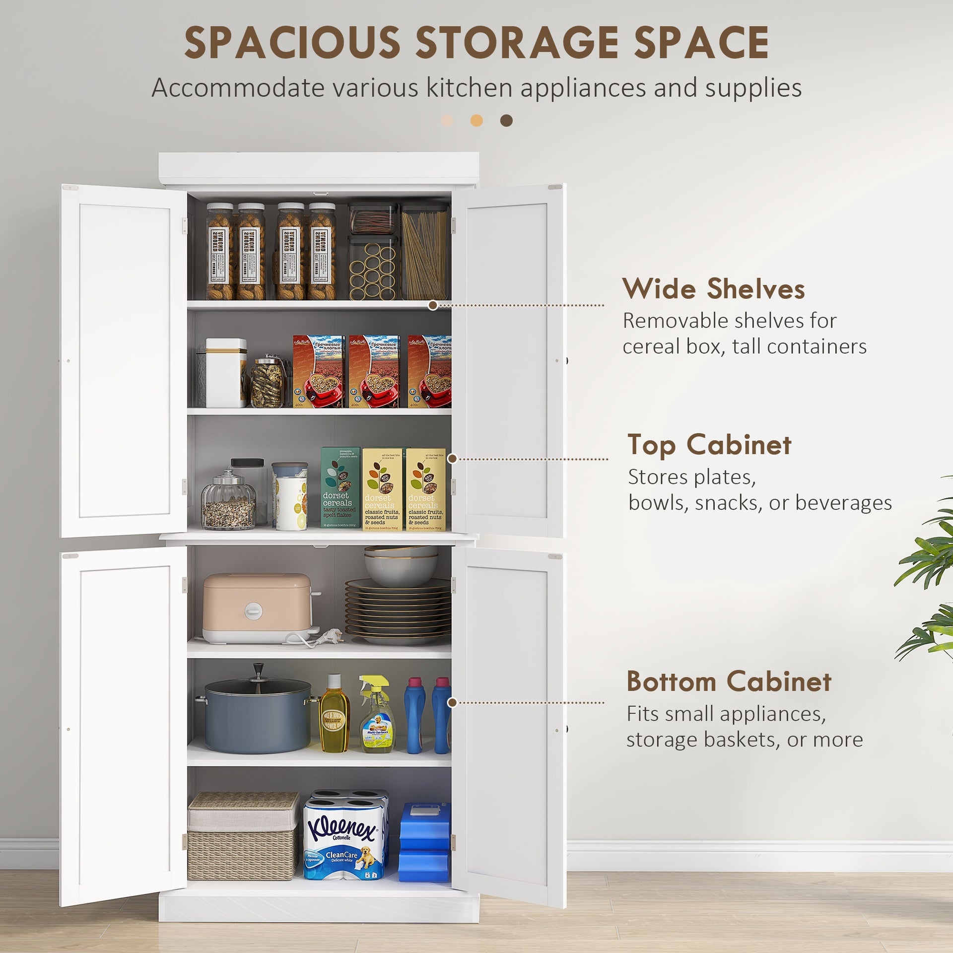 HOMCOM 72.5" Kitchen Pantry Storage Cabinet, Freestanding Kitchen Cupboard with 4 Doors and Adjustable Shelves for Dining Room, MDF White