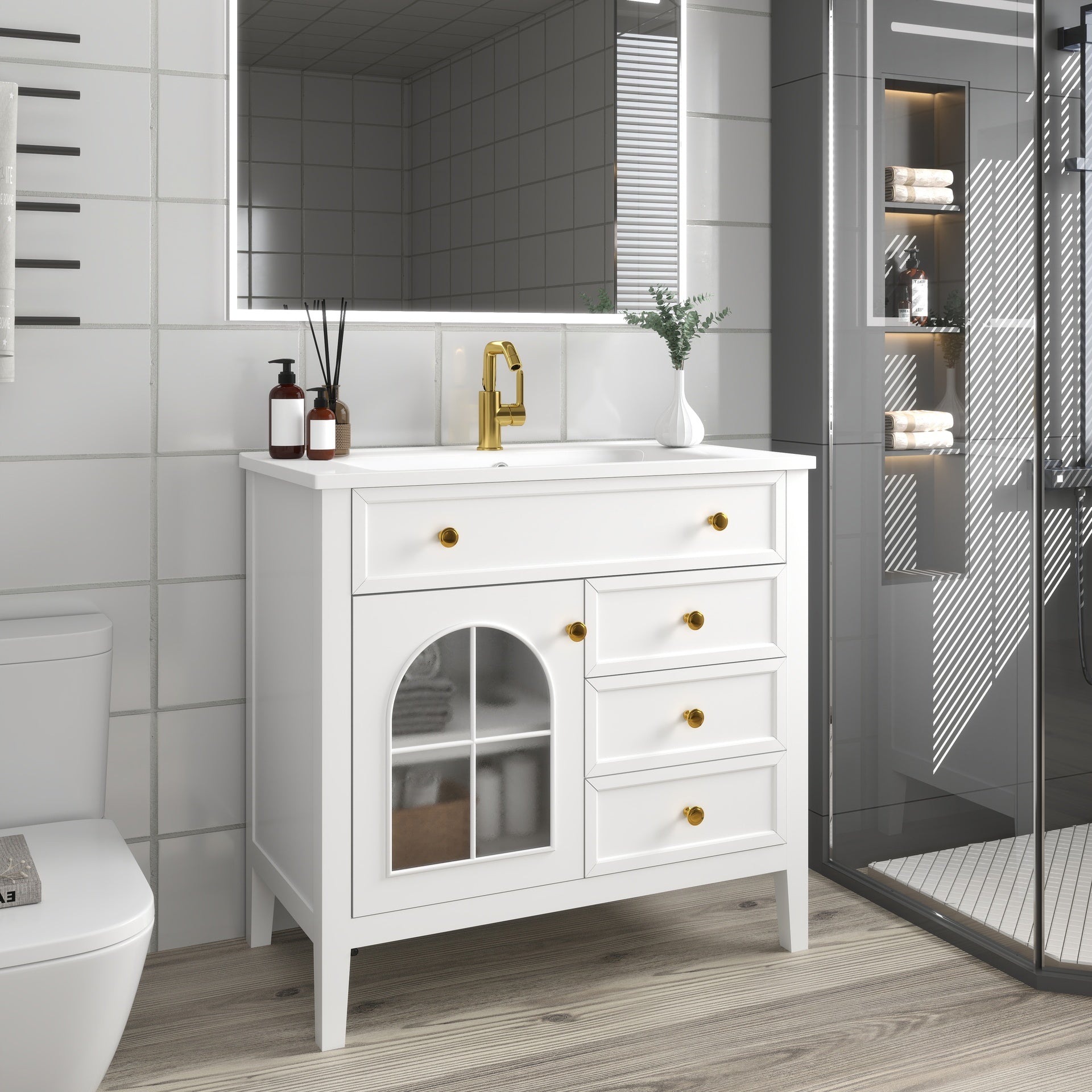35.6" Mid-Century Bathroom Vanity Sink with Patterned Glass & Motion-sensor Light Strip, Farmhouse Freestanding Bathroom Vanity Sink with Storage, High-end Restroom Vanity Cabinet,White