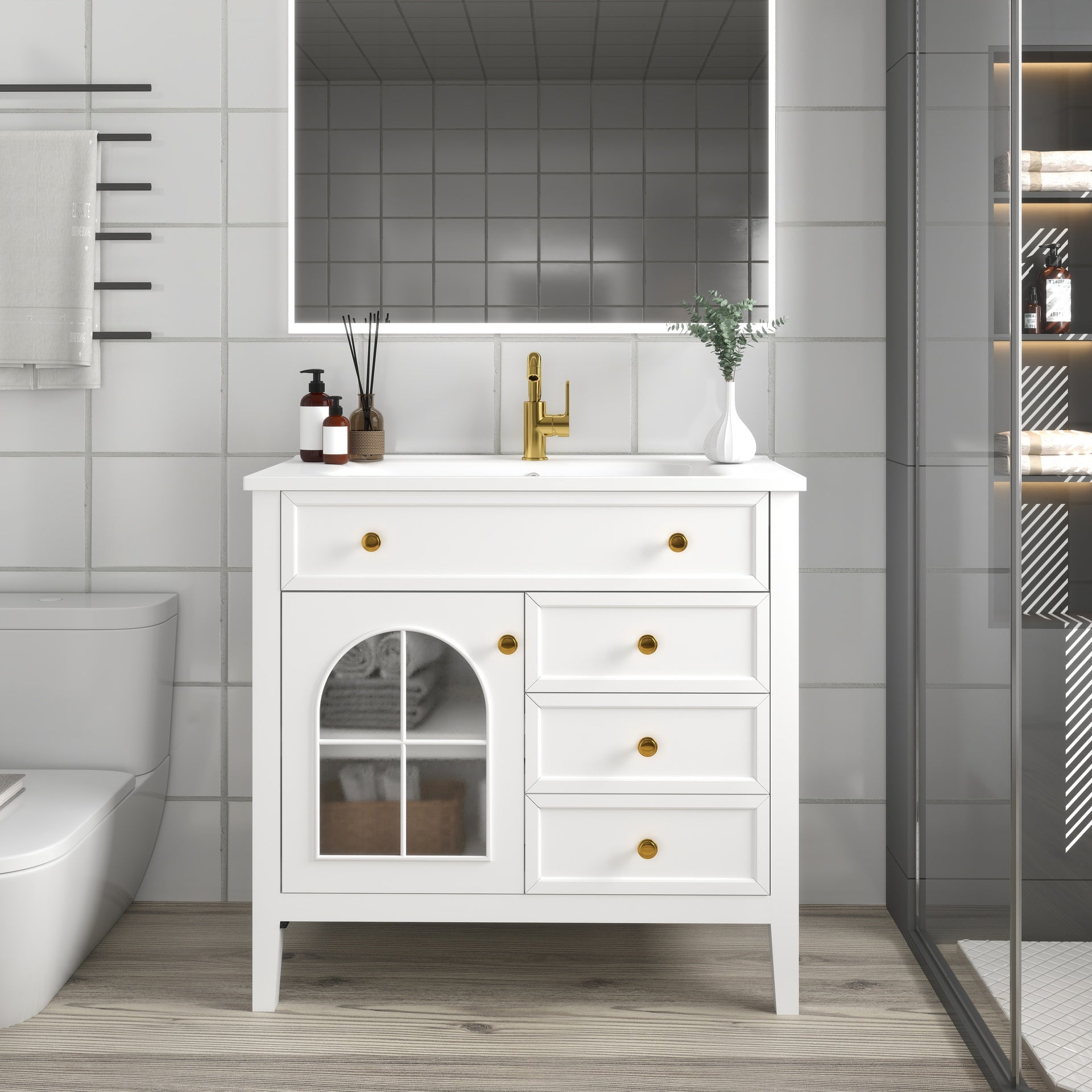 35.6" Mid-Century Bathroom Vanity Sink with Patterned Glass & Motion-sensor Light Strip, Farmhouse Freestanding Bathroom Vanity Sink with Storage, High-end Restroom Vanity Cabinet,White