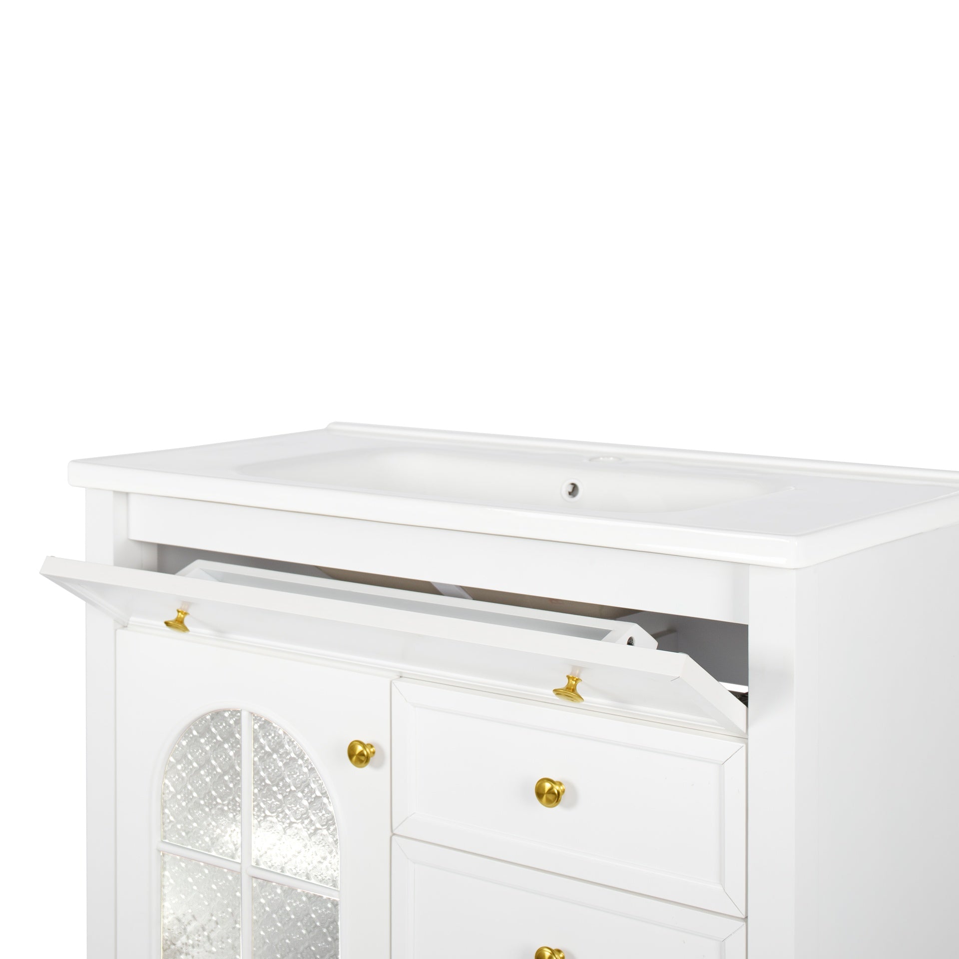35.6" Mid-Century Bathroom Vanity Sink with Patterned Glass & Motion-sensor Light Strip, Farmhouse Freestanding Bathroom Vanity Sink with Storage, High-end Restroom Vanity Cabinet,White